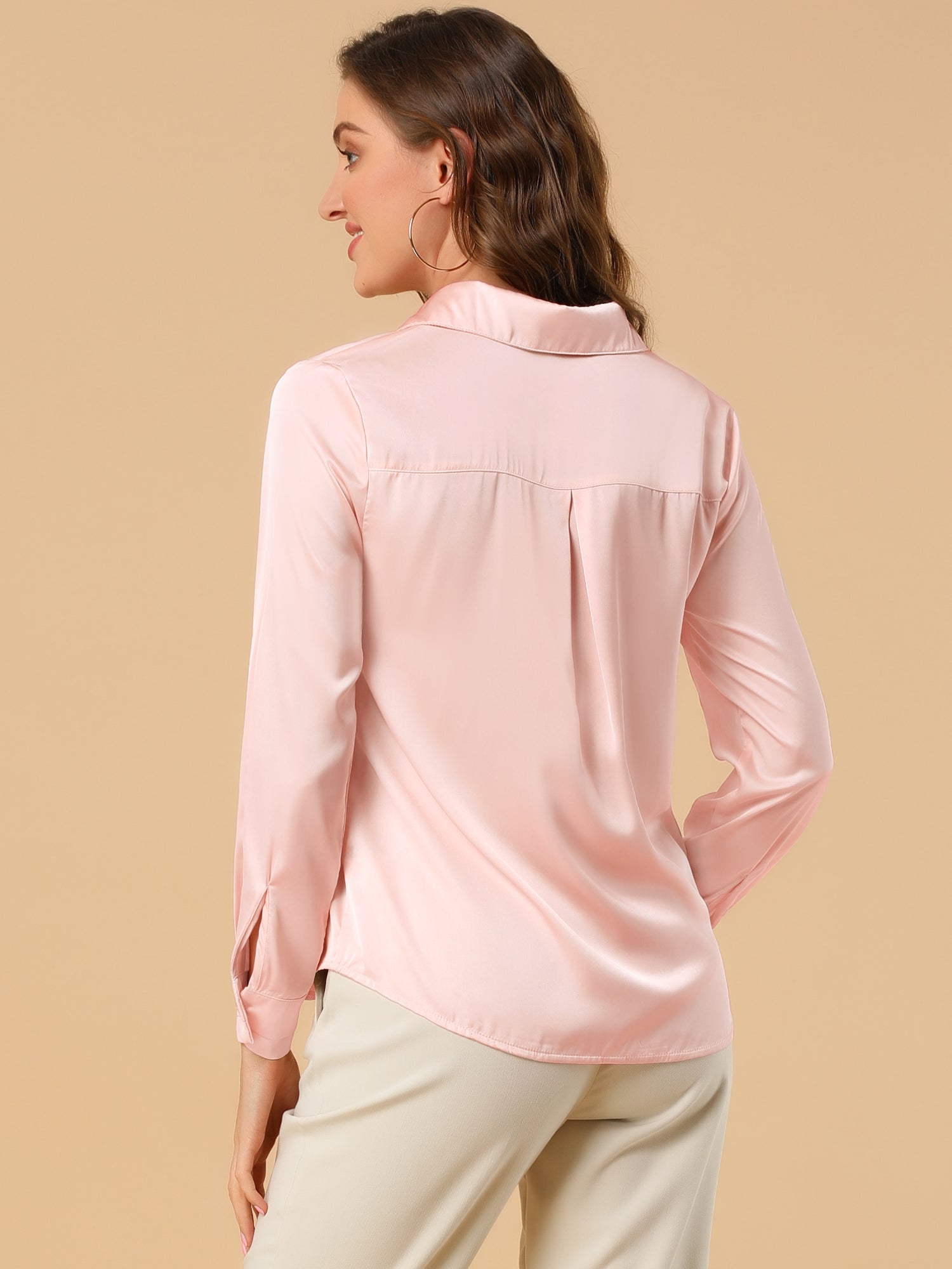 Satin V Neck Long Sleeve Silky Office Work Solid Shirt