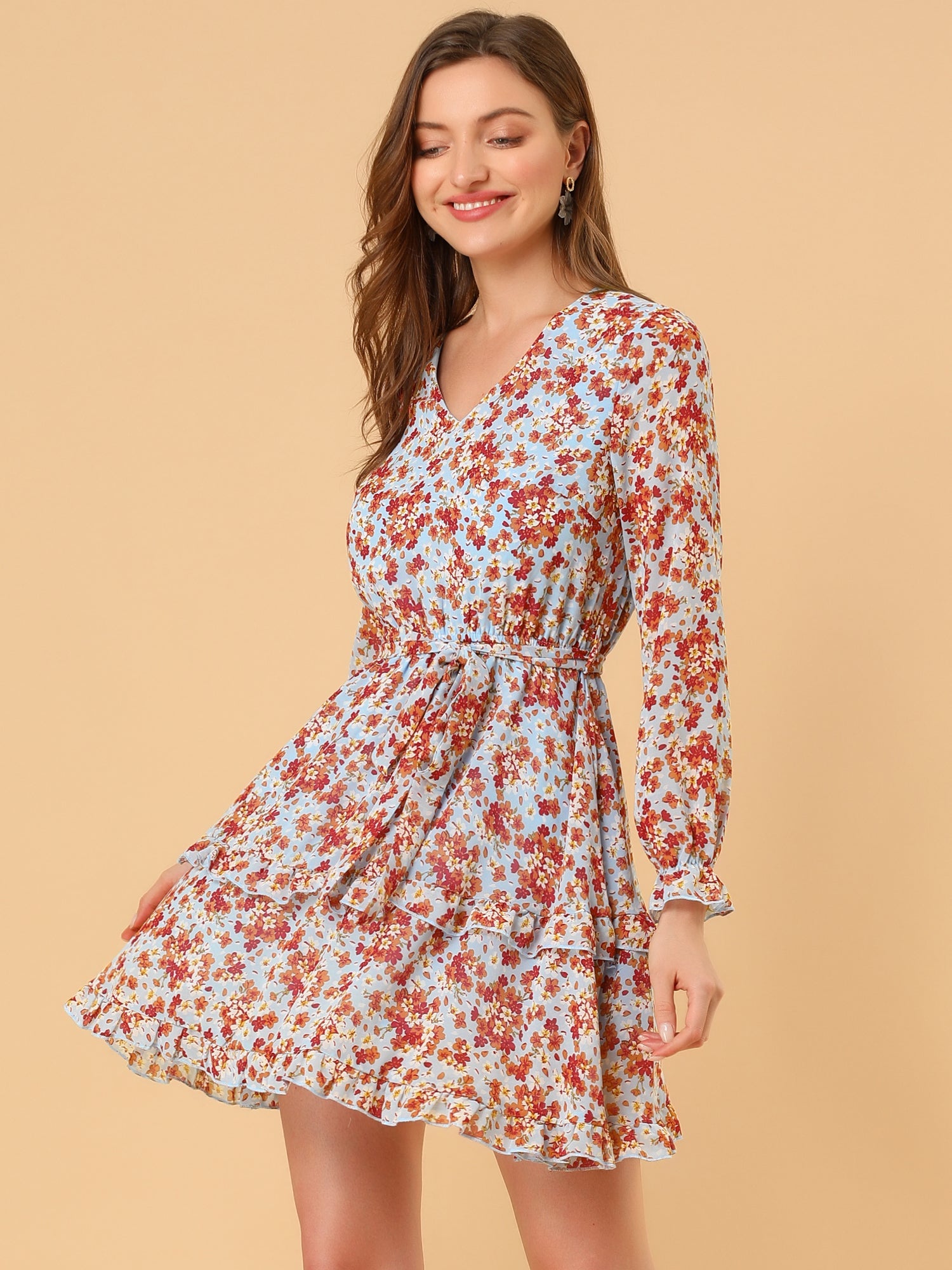 Long Sleeve V Neck Elastic Waist Ruffle Hem Chiffon Floral Dress