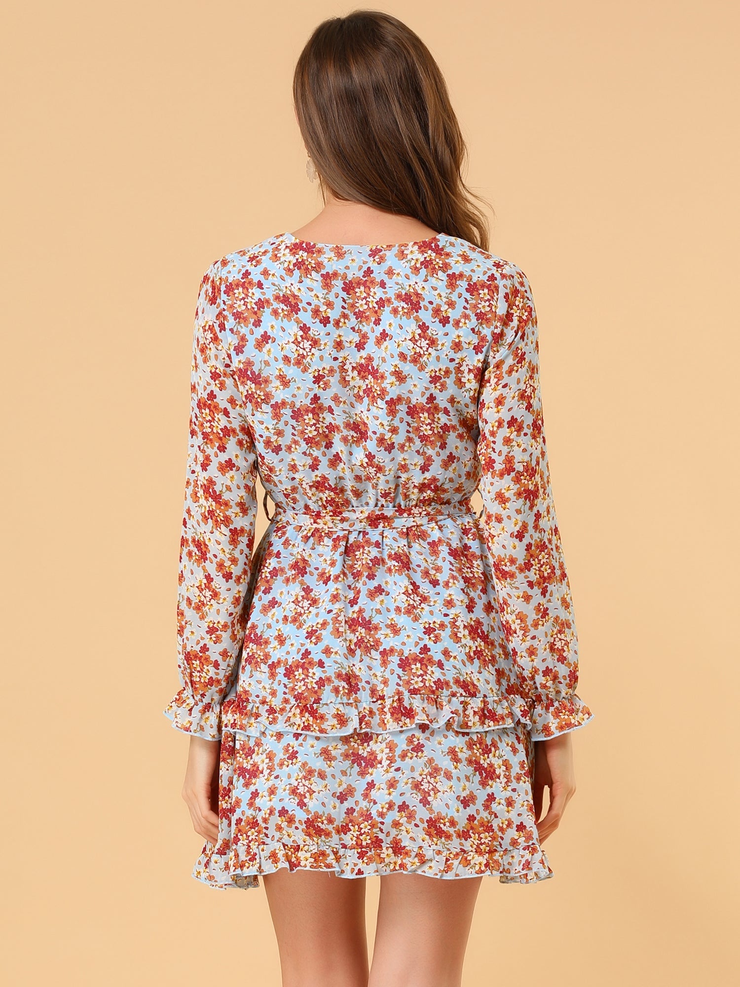 Long Sleeve V Neck Elastic Waist Ruffle Hem Chiffon Floral Dress