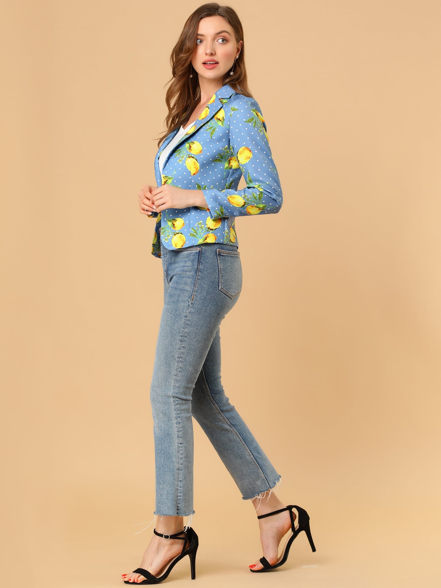 Open Front Notch Lapel Floral Business Casual Suit Blazer