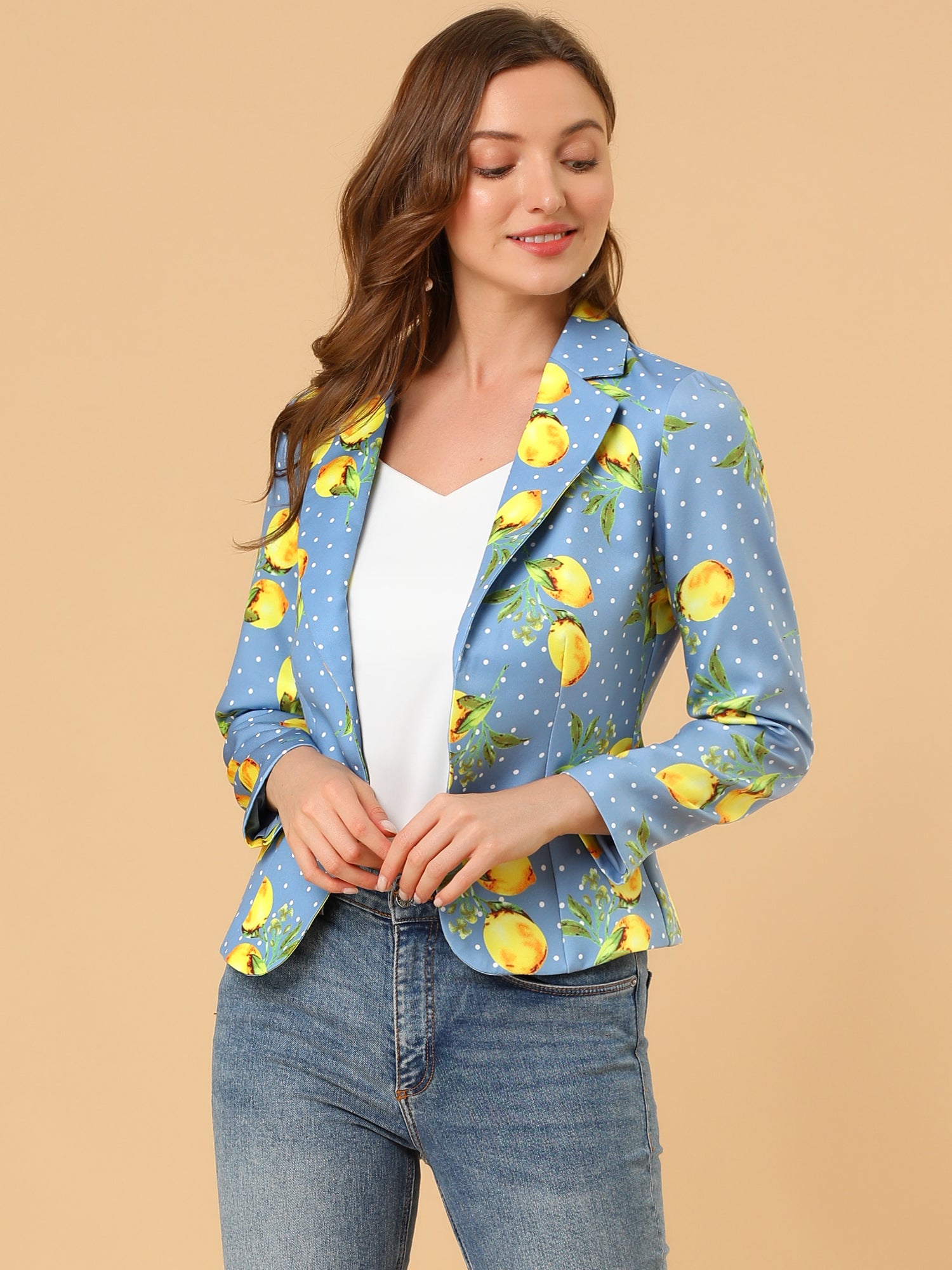 Open Front Notch Lapel Floral Business Casual Suit Blazer