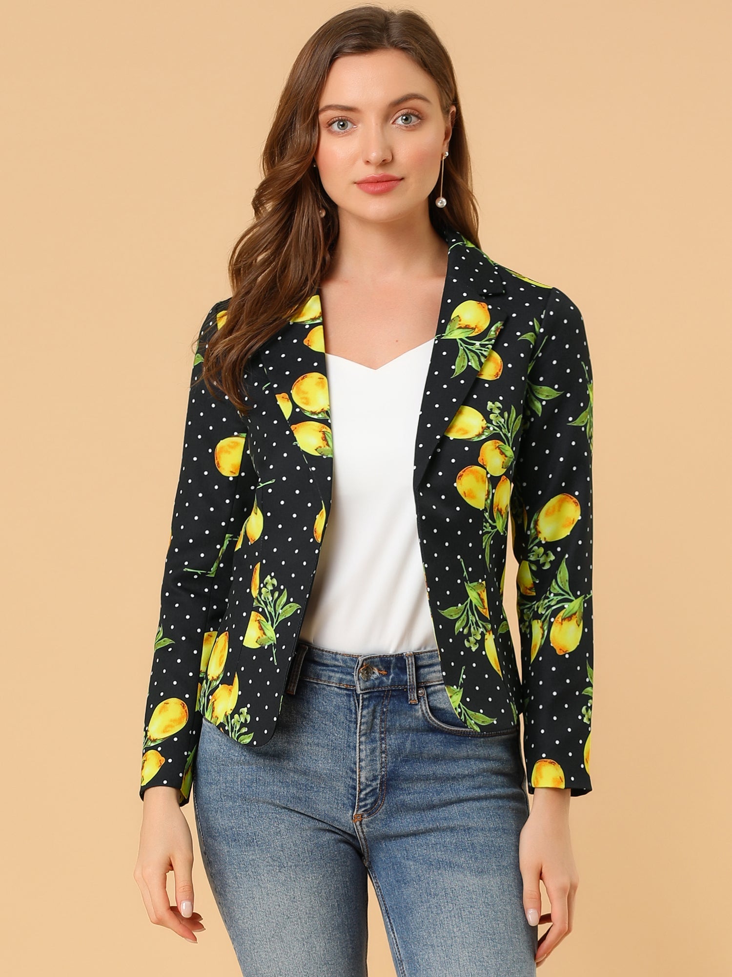 Open Front Notch Lapel Floral Business Casual Suit Blazer