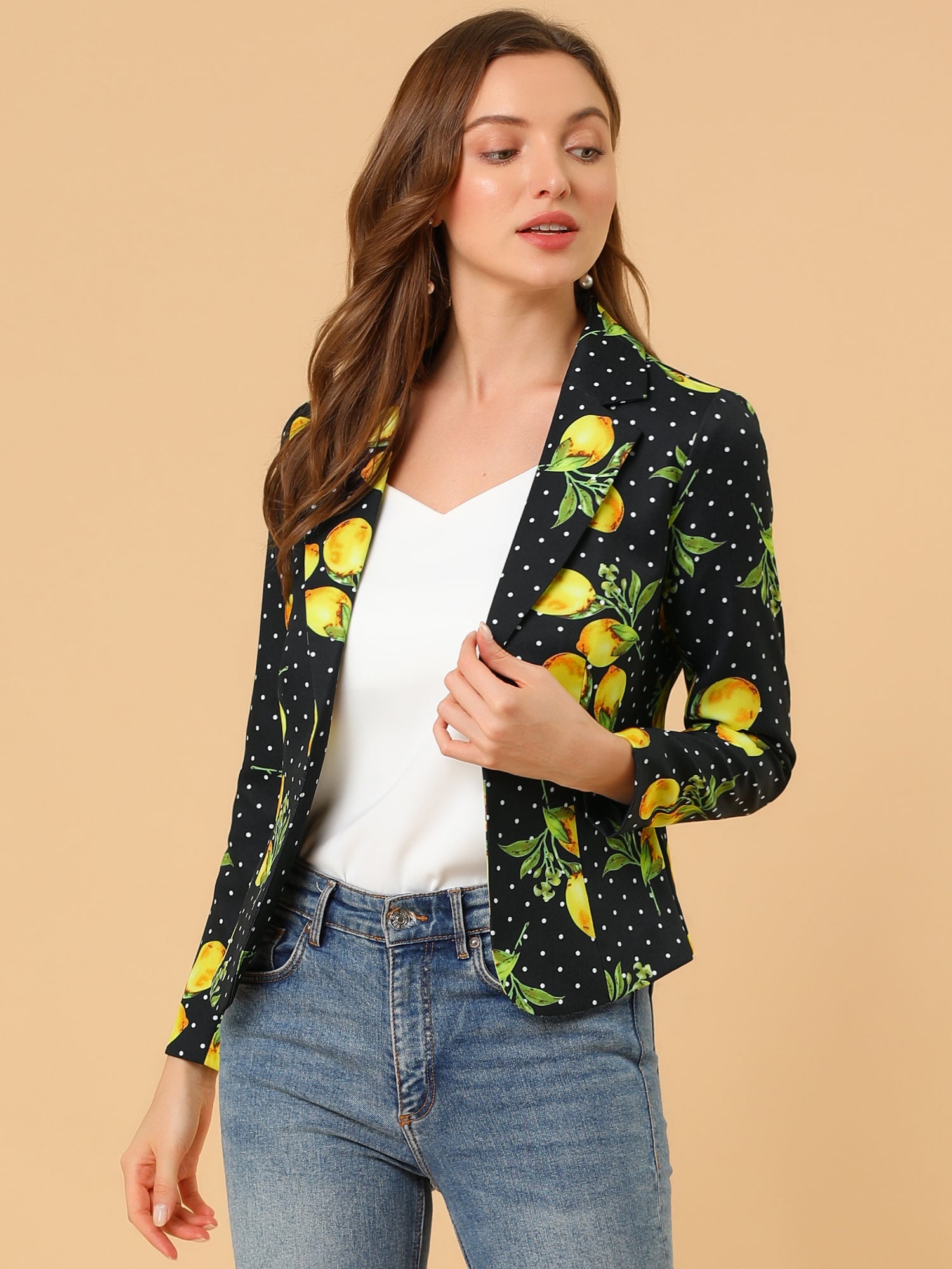 Open Front Notch Lapel Floral Business Casual Suit Blazer