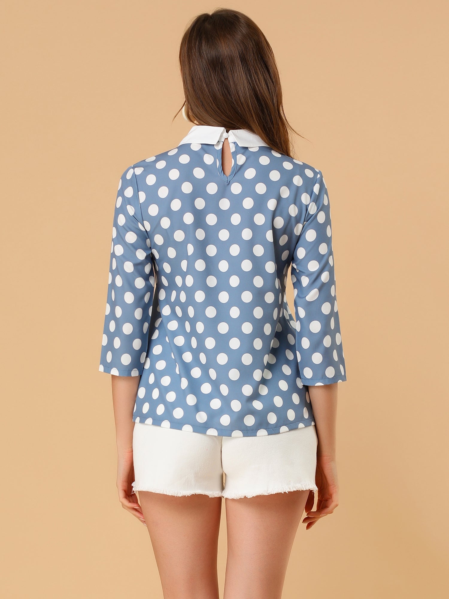 Polka Dots Contrast Peter Pan Collar Top 3/4 Sleeve Blouse Shirt