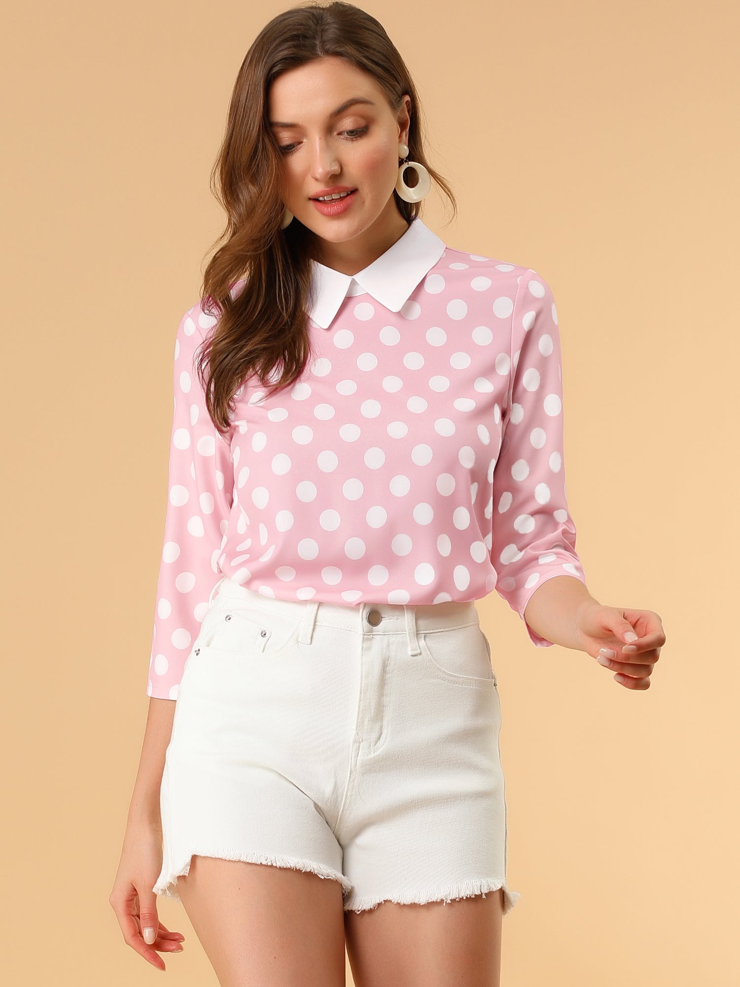 Polka Dots Contrast Peter Pan Collar Top 3/4 Sleeve Blouse Shirt