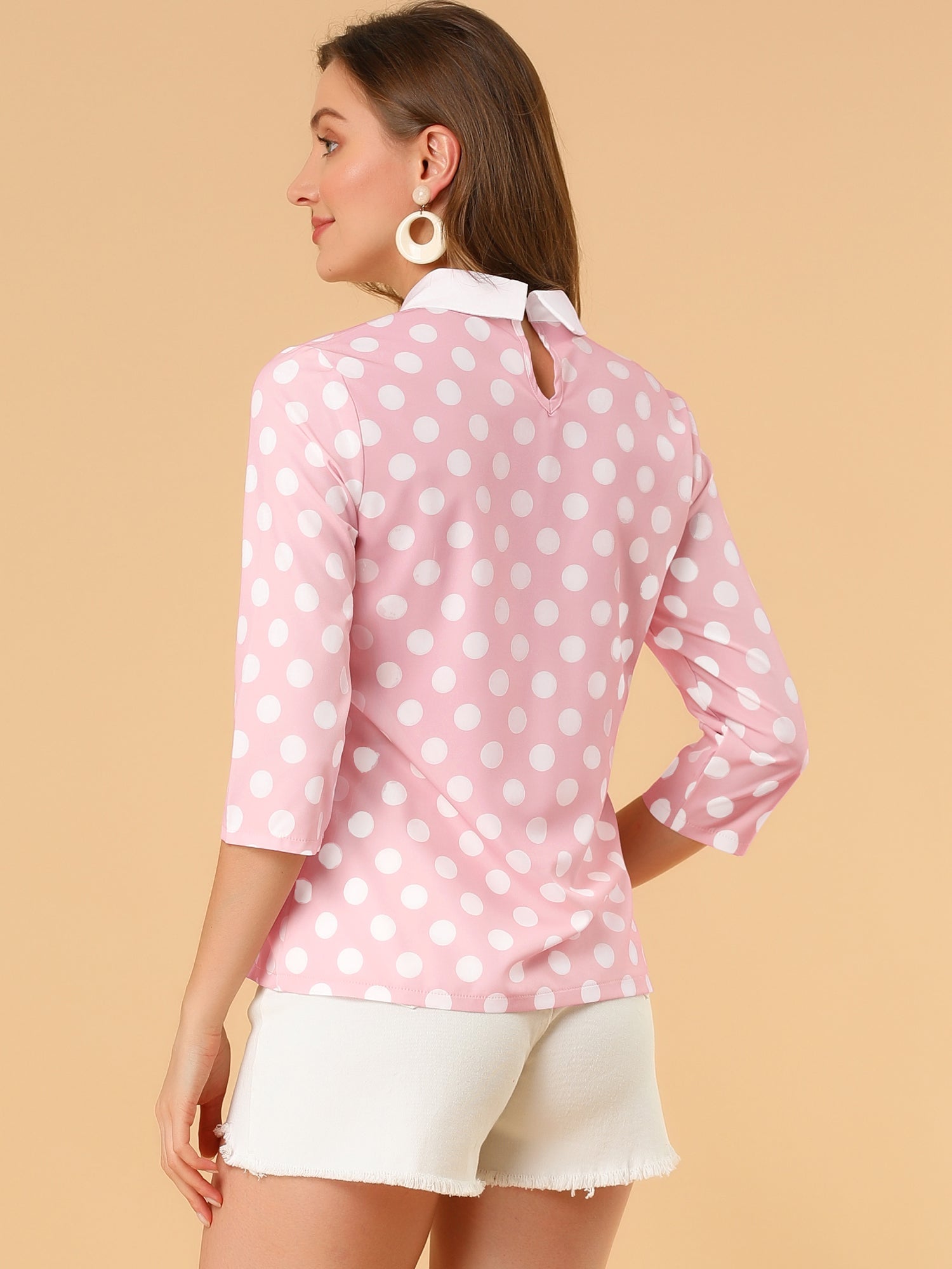 Polka Dots Contrast Peter Pan Collar Top 3/4 Sleeve Blouse Shirt