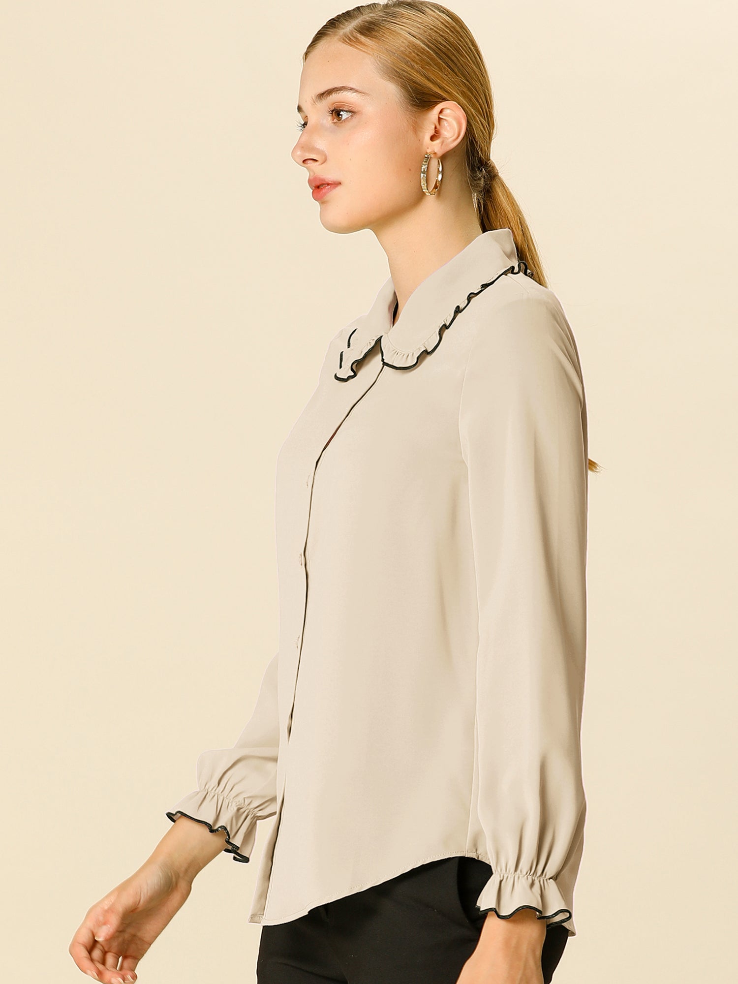 Sweet Ruffle Peter Pan Collar Long Sleeve Button Up Shirt