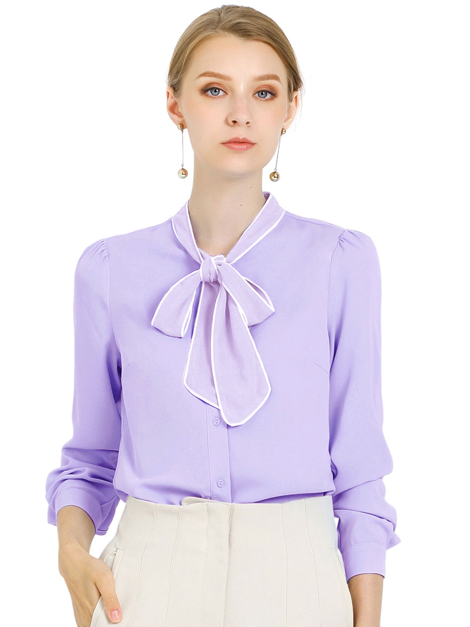 Tie Neck Contrast Color Button Down Long Sleeve Shirt