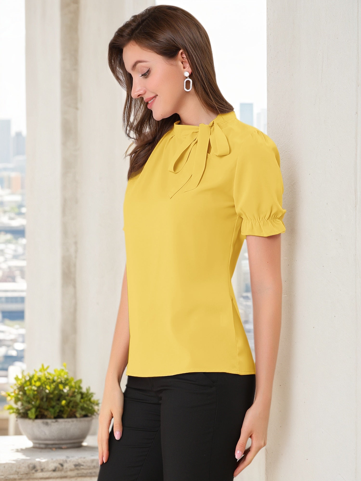 Bow Tie Neck Elegant Office Short Sleeve Blouse