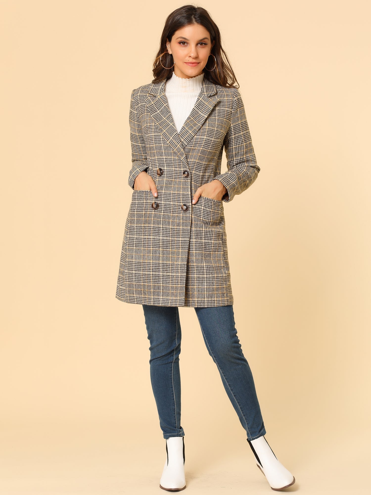 Double Breasted Notched Lapel Plaid Trench Blazer Coat