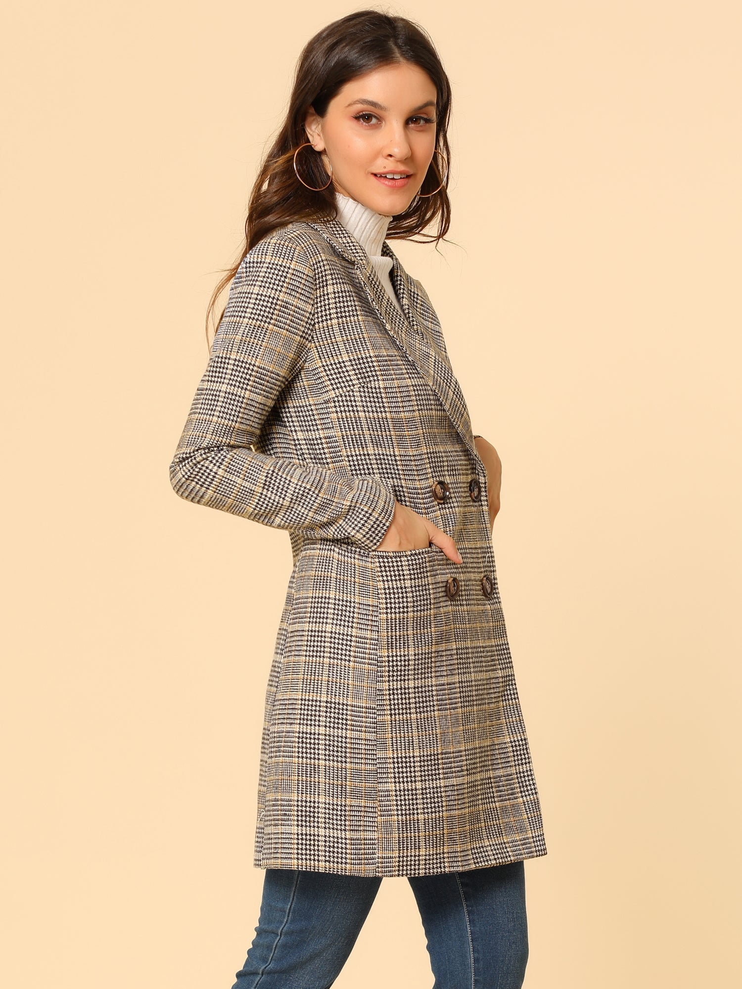 Double Breasted Notched Lapel Plaid Trench Blazer Coat