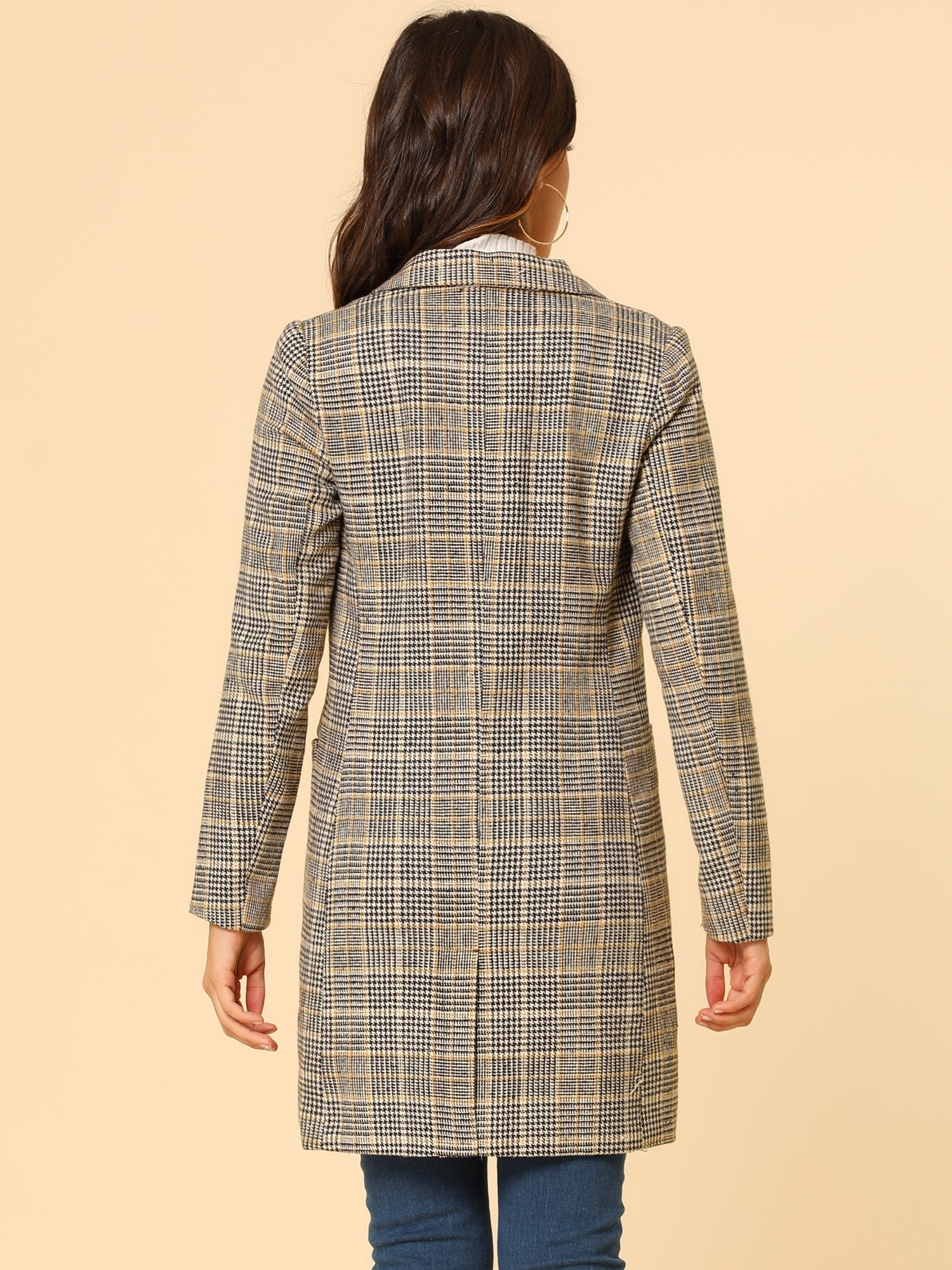 Double Breasted Notched Lapel Plaid Trench Blazer Coat