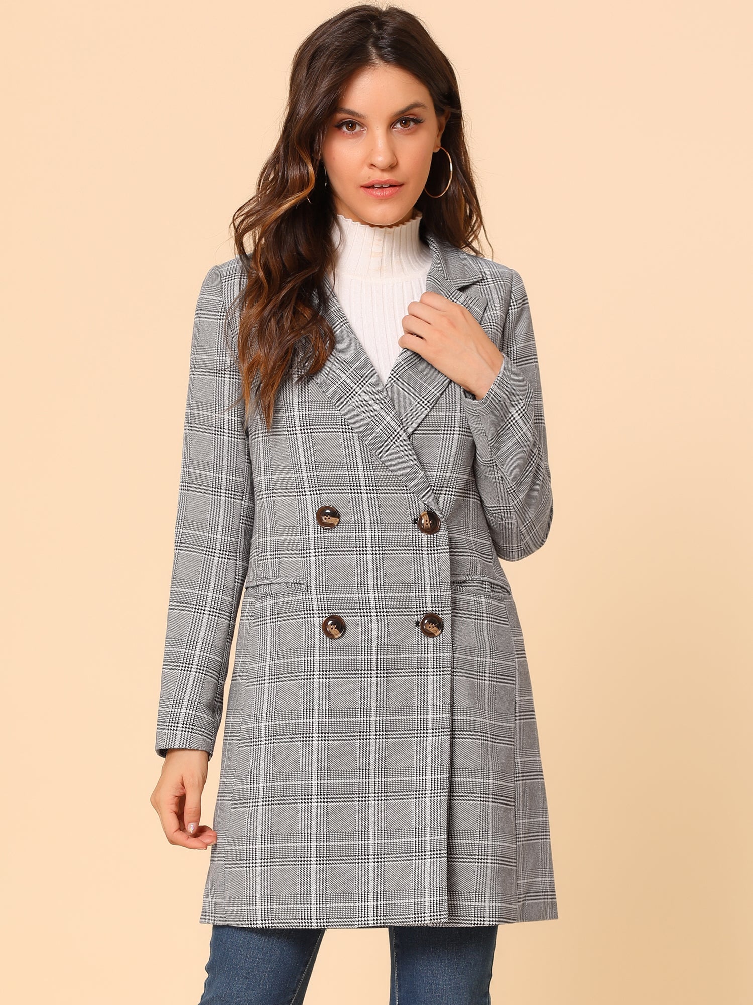 Double Breasted Notched Lapel Plaid Trench Blazer Coat