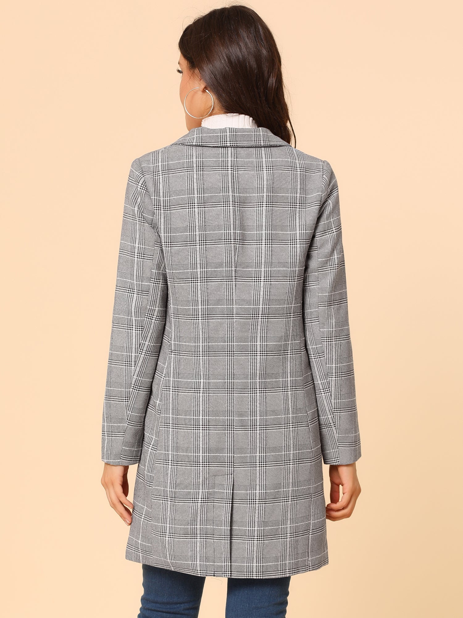 Double Breasted Notched Lapel Plaid Trench Blazer Coat