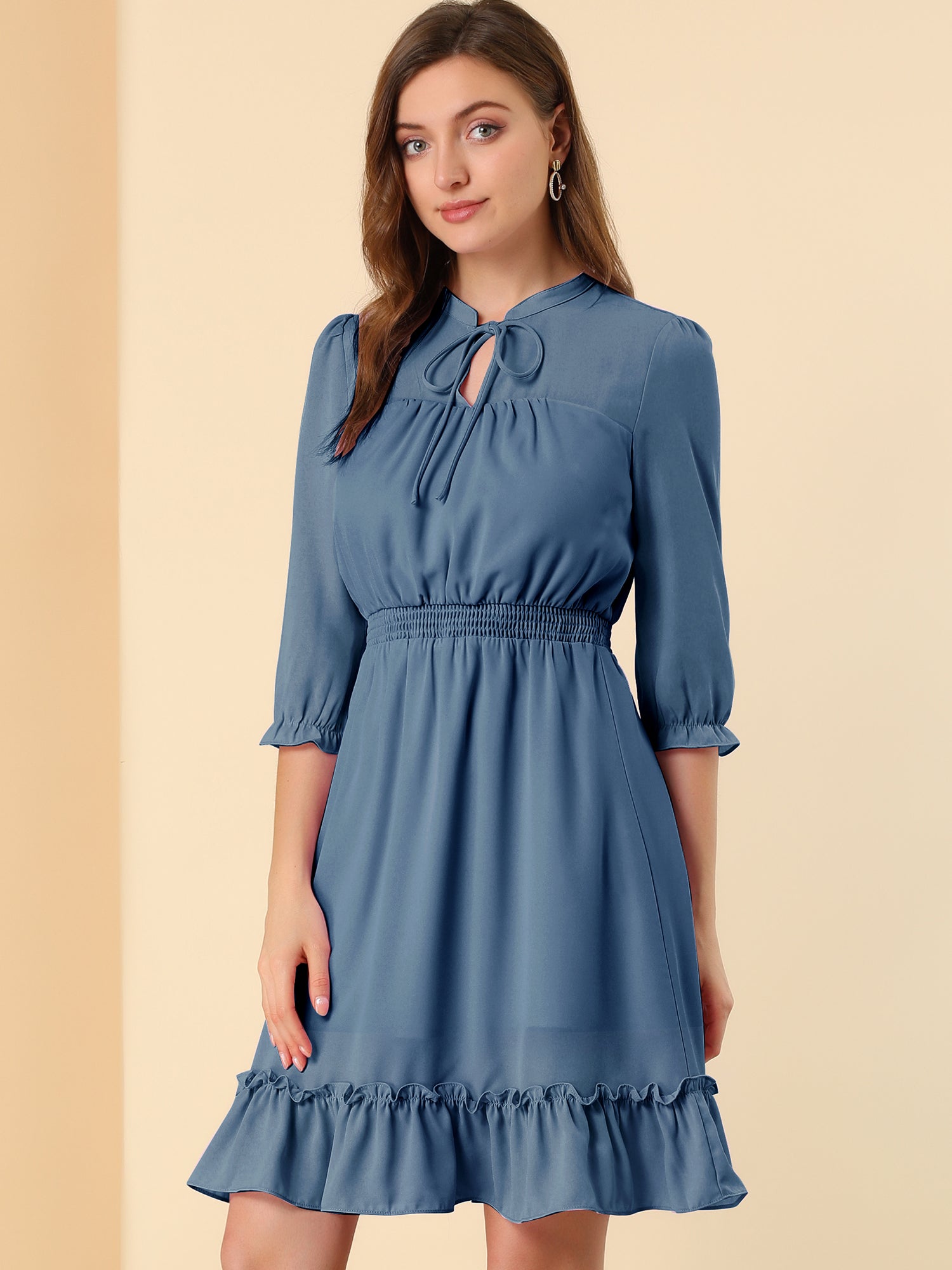 Ruffle Hem 3/4 Sleeve A-Line Smocked Midi Chiffon Dress
