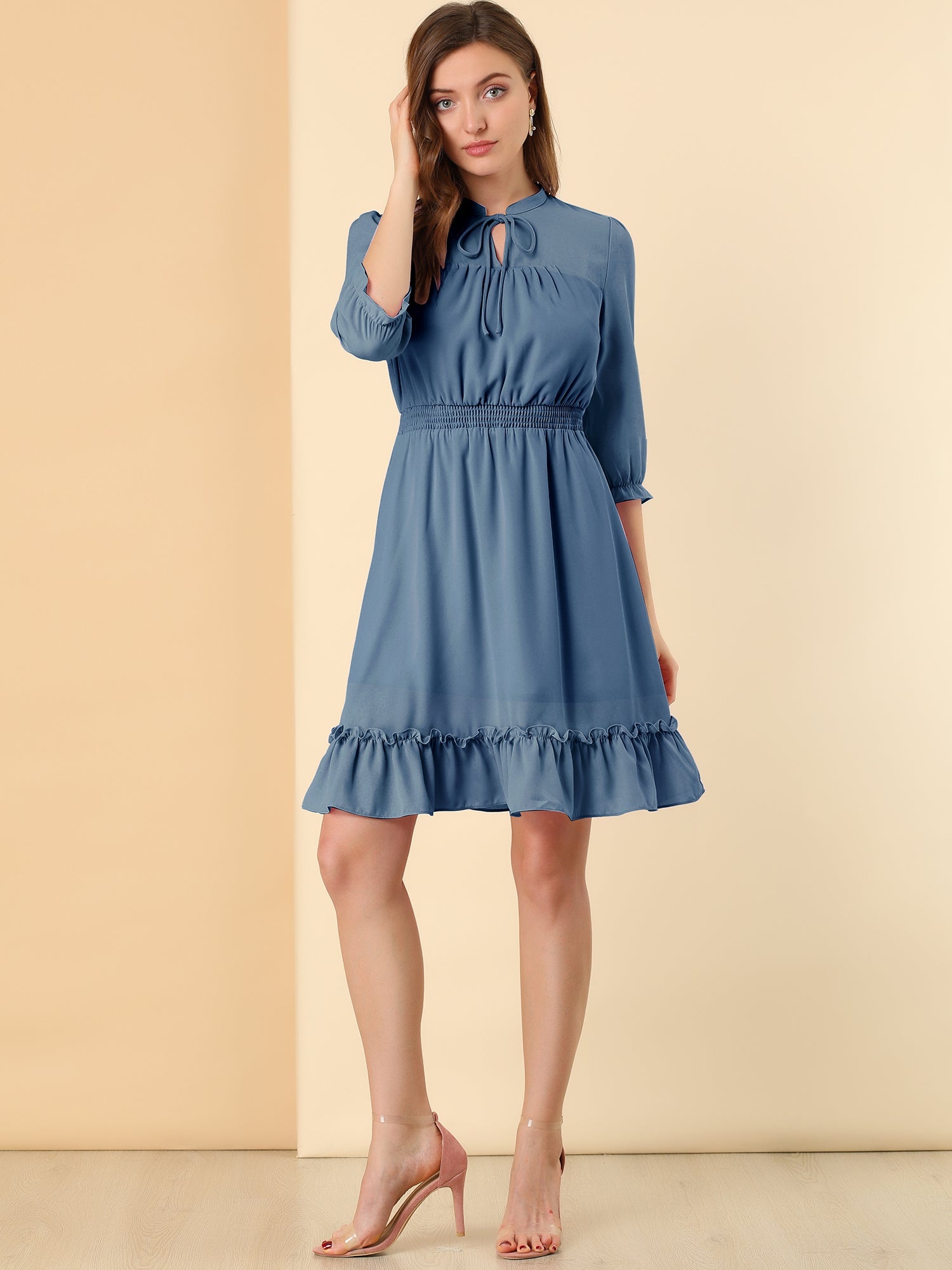 Ruffle Hem 3/4 Sleeve A-Line Smocked Midi Chiffon Dress