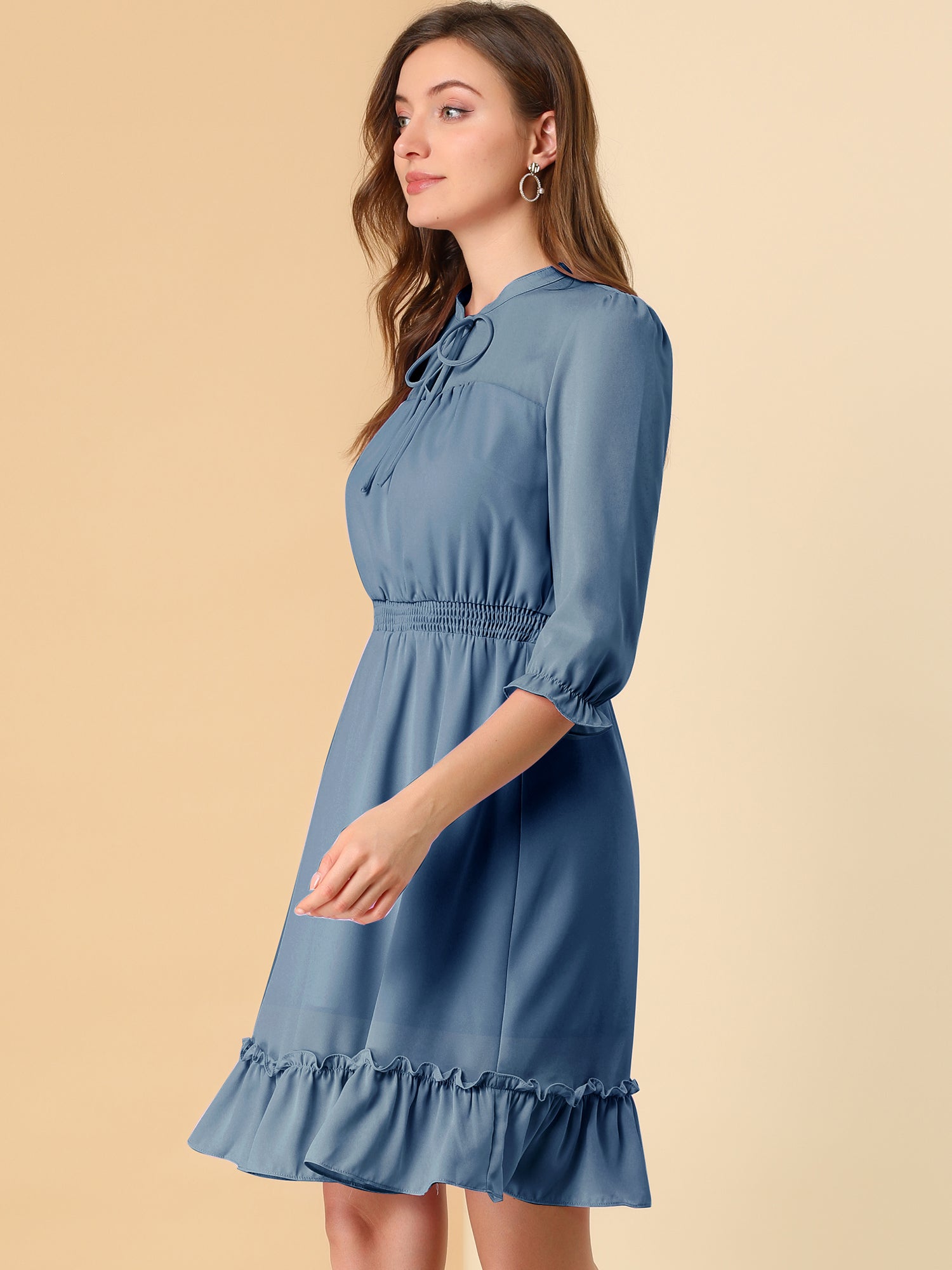 Ruffle Hem 3/4 Sleeve A-Line Smocked Midi Chiffon Dress