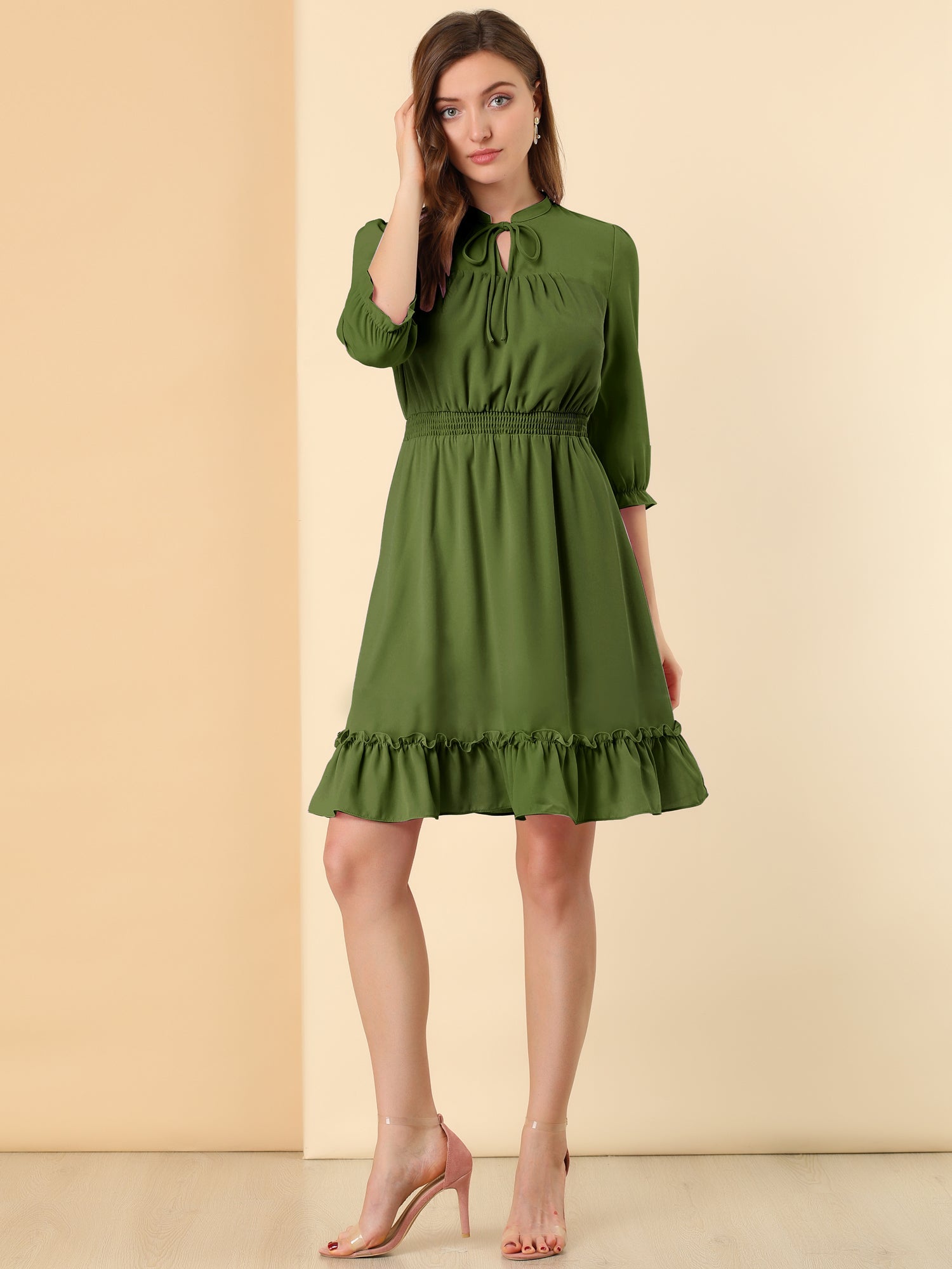 Ruffle Hem 3/4 Sleeve A-Line Smocked Short Chiffon Dress