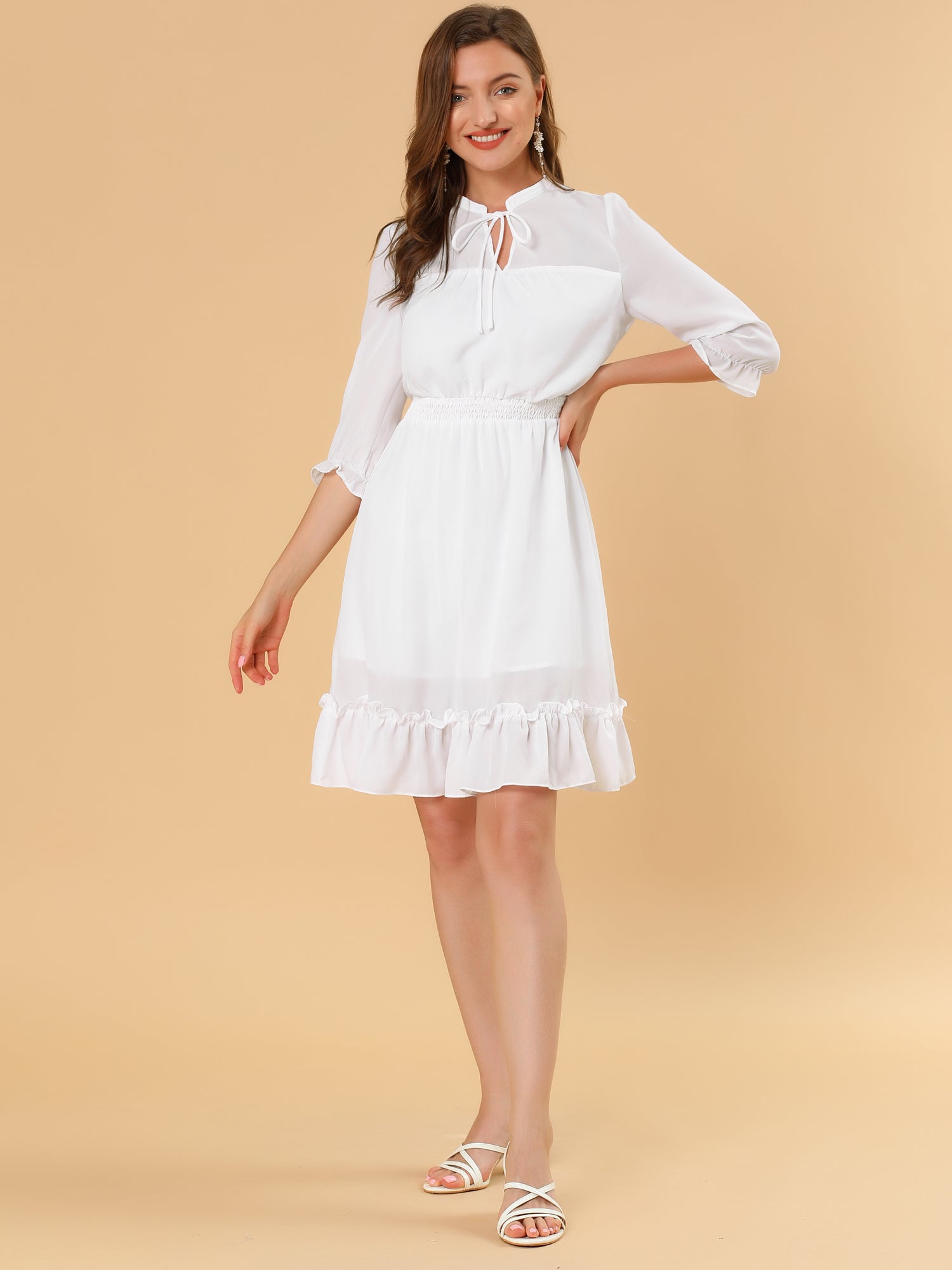 Ruffle Hem 3/4 Sleeve A-Line Smocked Midi Chiffon Dress