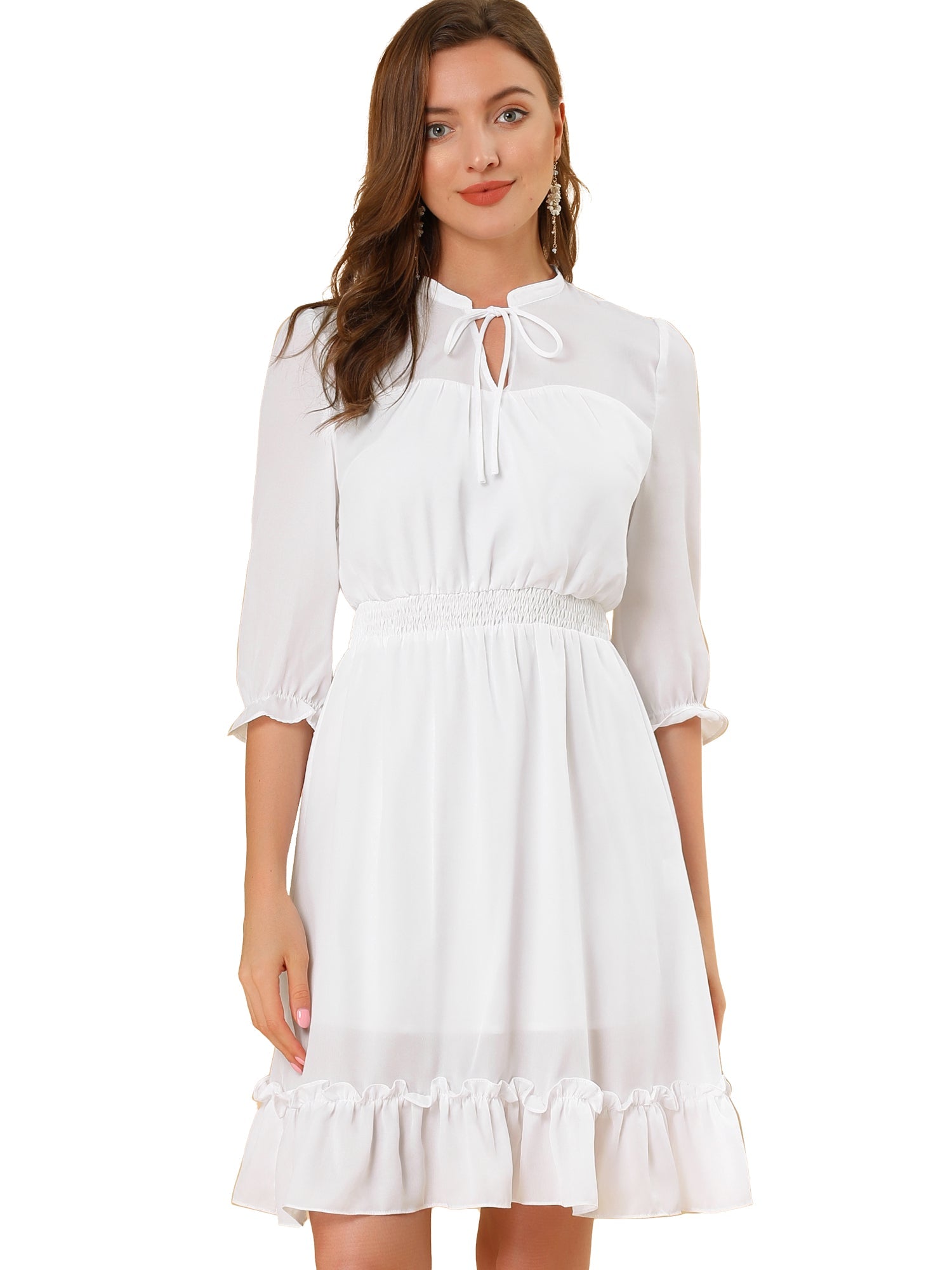 Ruffle Hem 3/4 Sleeve A-Line Smocked Midi Chiffon Dress