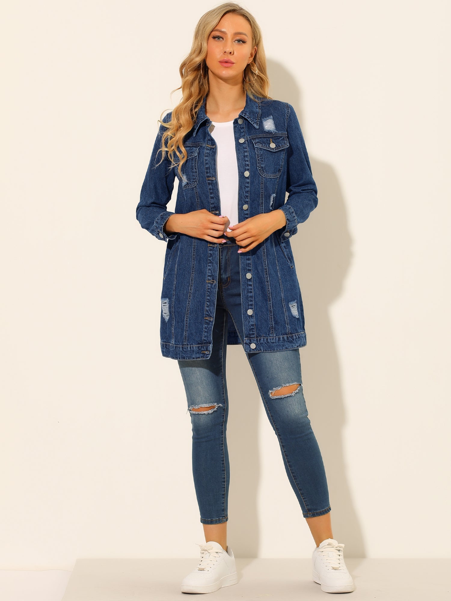 Distressed Long Sleeve Ripped Casual Denim Jacket