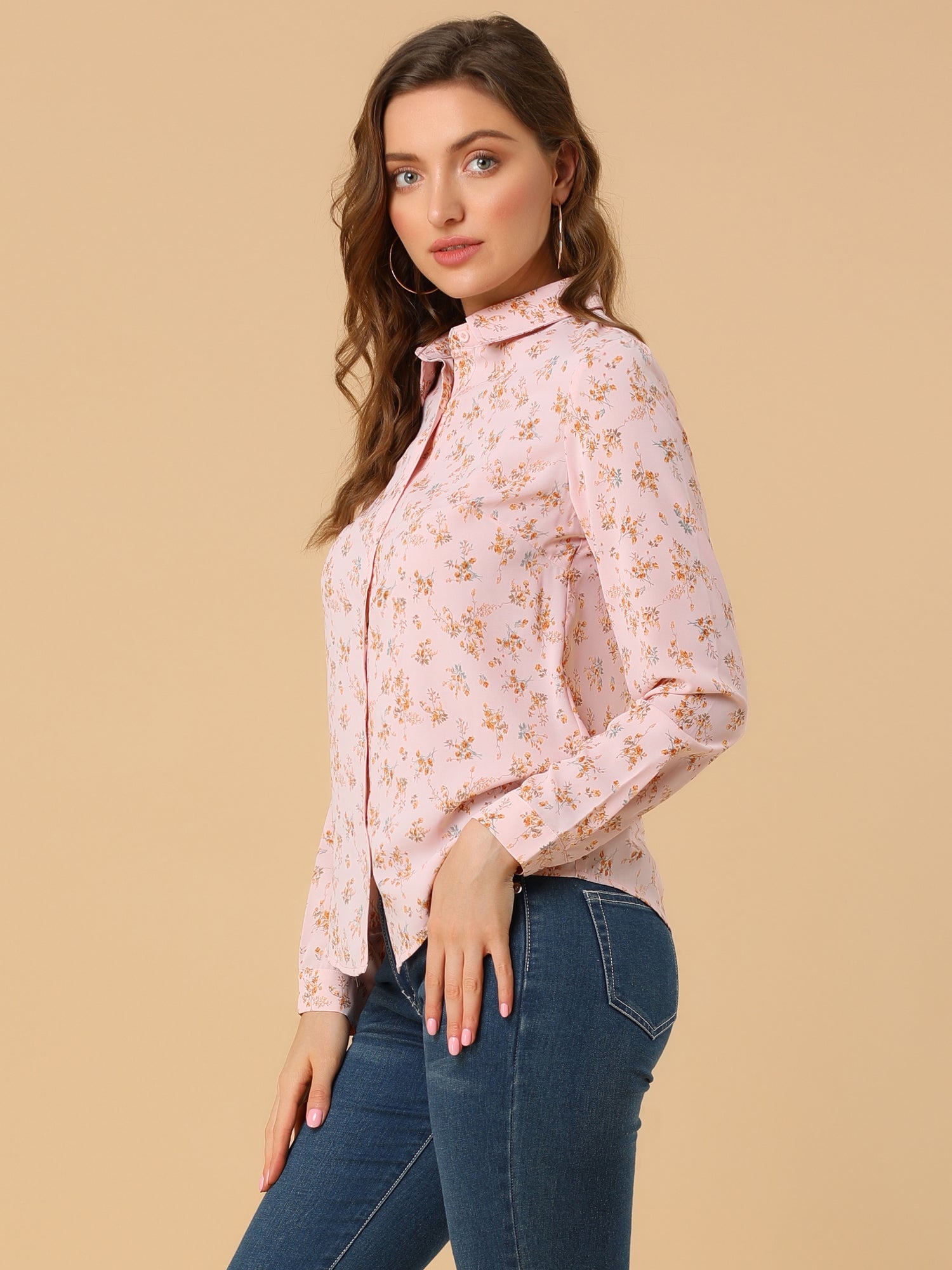 Button Down Floral Long Sleeve Point Collar Blouse
