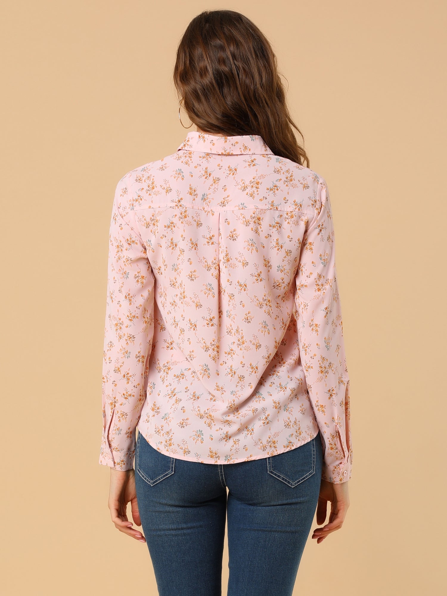 Button Down Floral Long Sleeve Point Collar Blouse