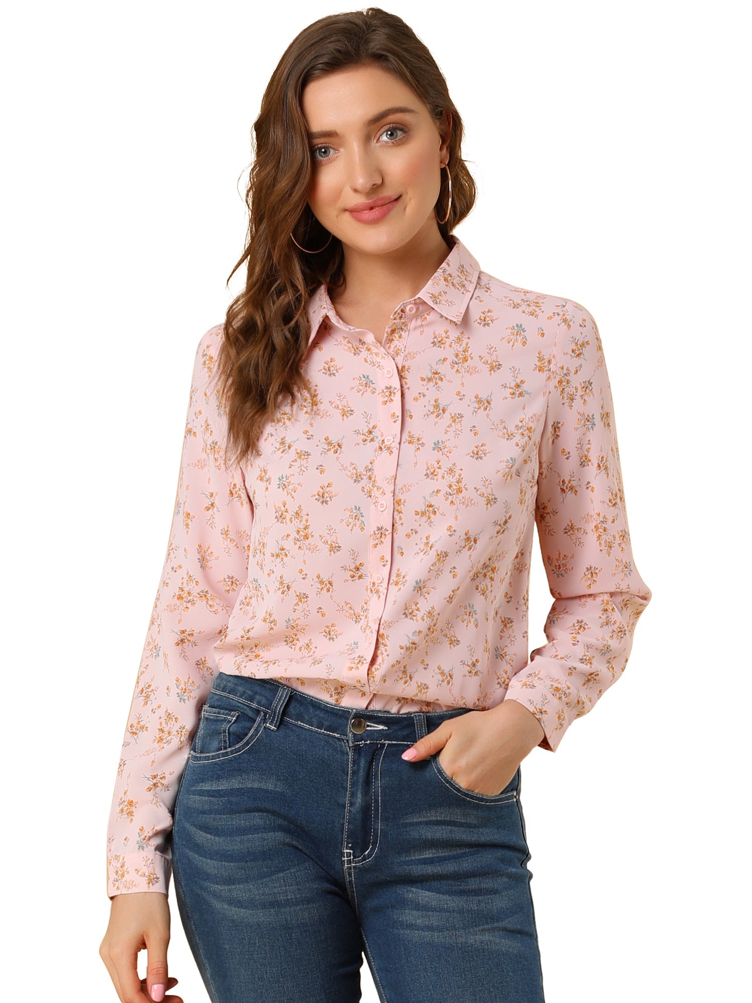Button Down Floral Long Sleeve Point Collar Blouse