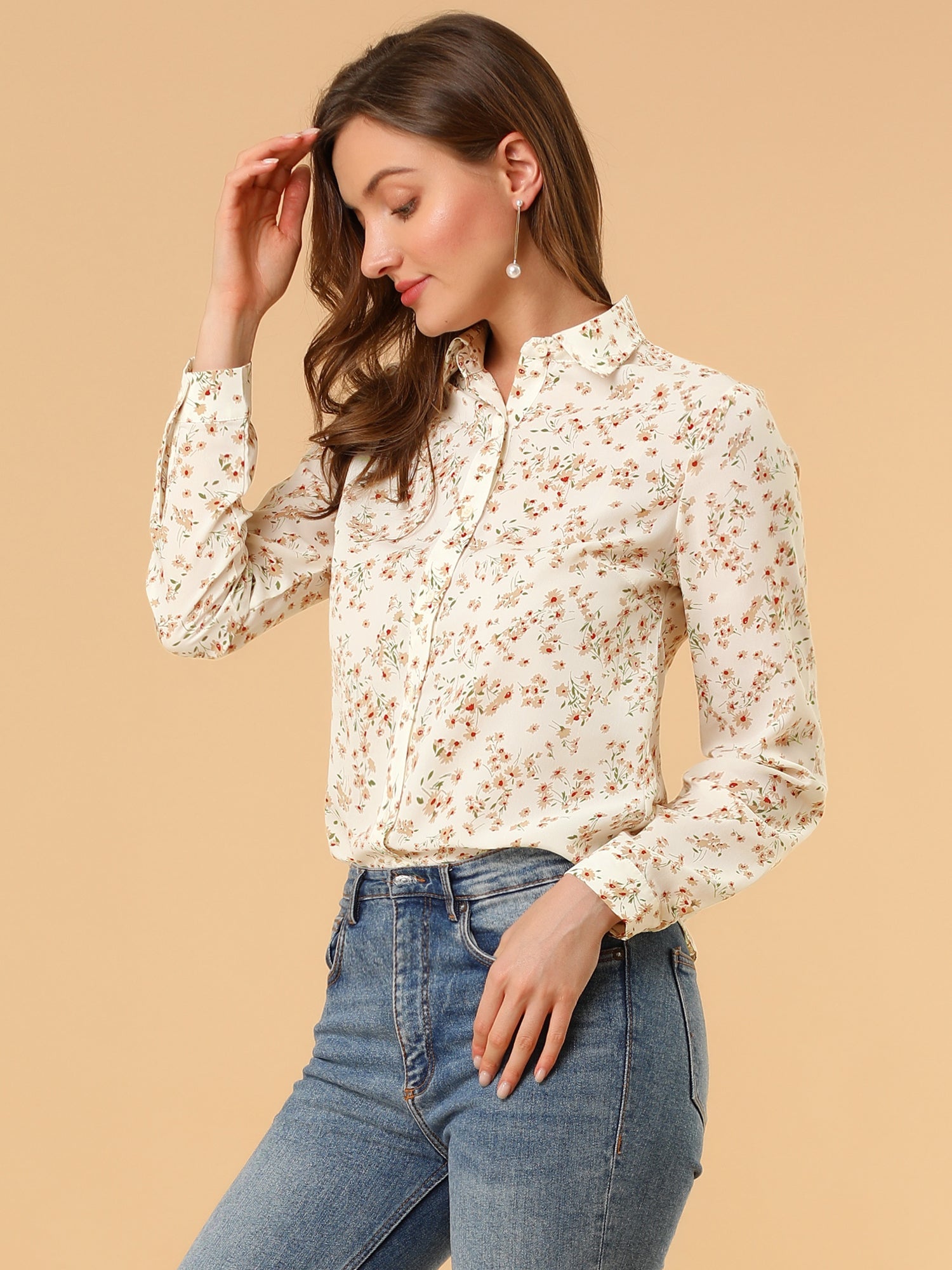 Button Down Floral Shirt Blouse Long Sleeve Point Collar Top