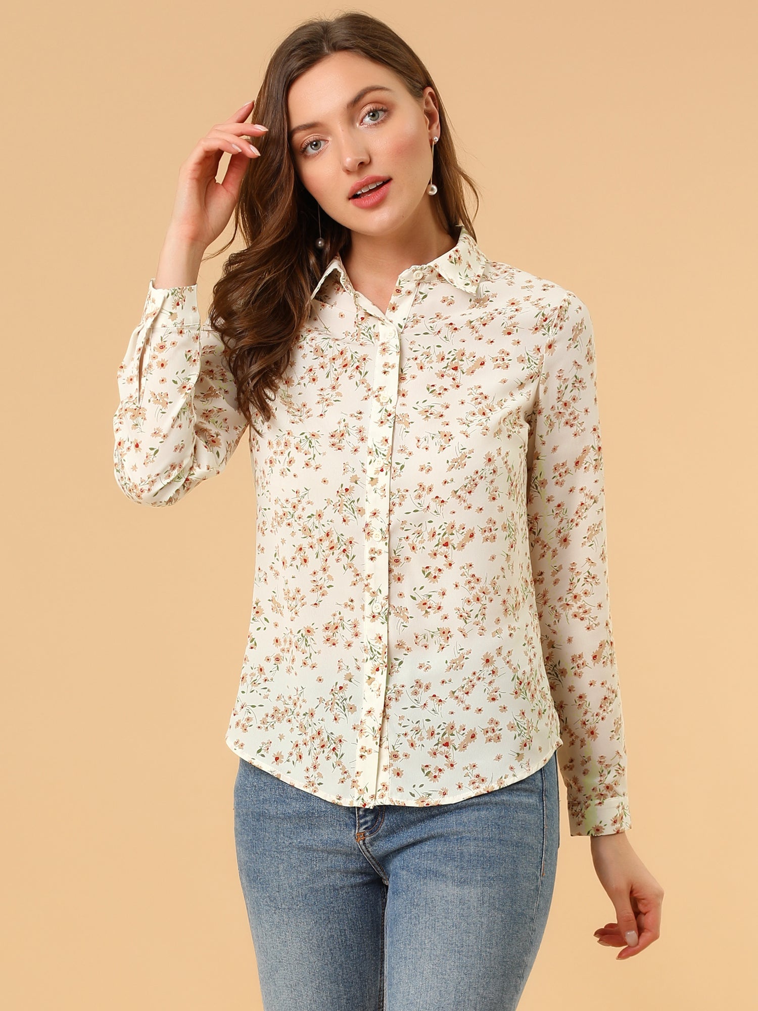 Button Down Floral Shirt Blouse Long Sleeve Point Collar Top