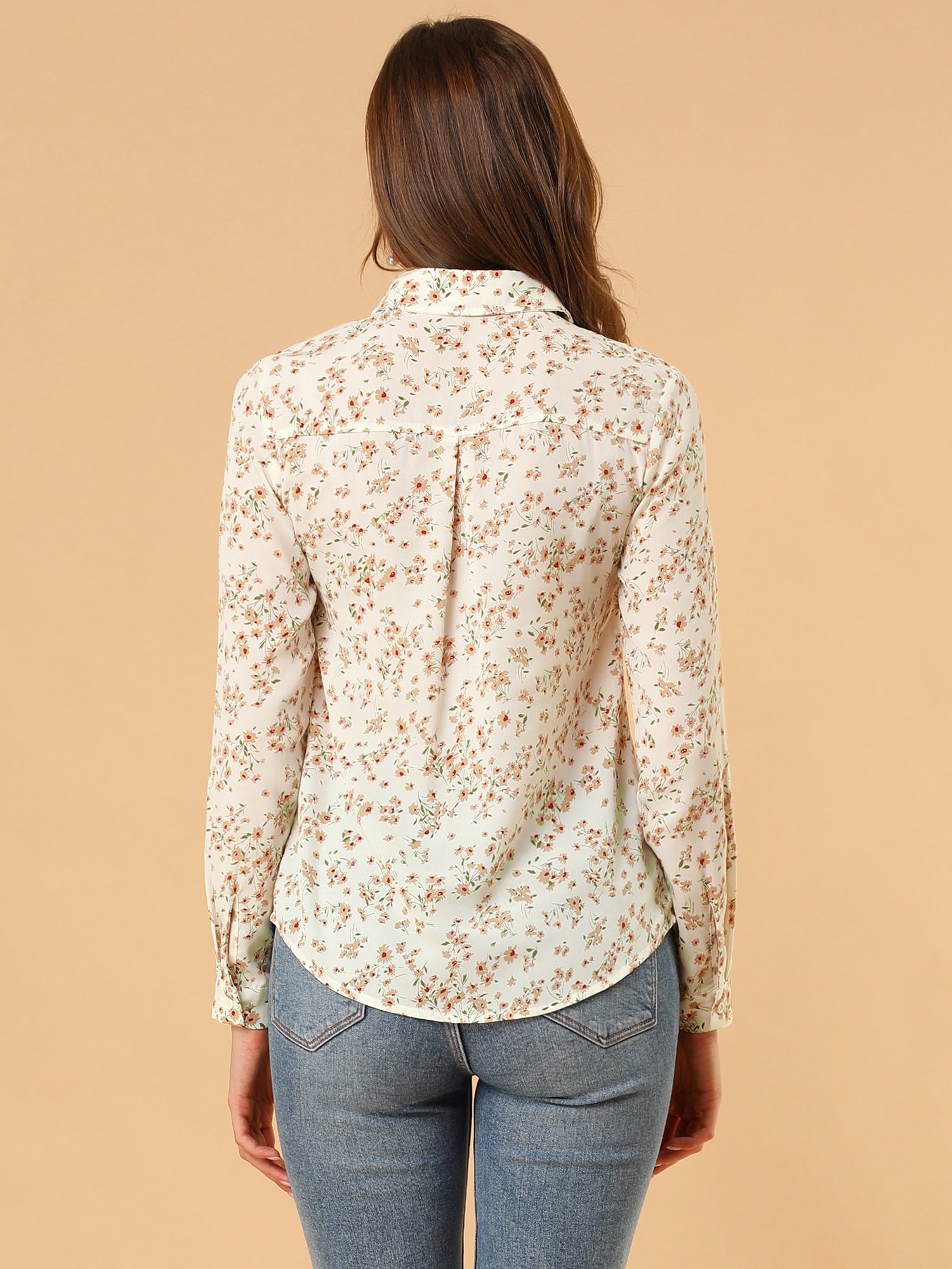 Button Down Floral Shirt Blouse Long Sleeve Point Collar Top