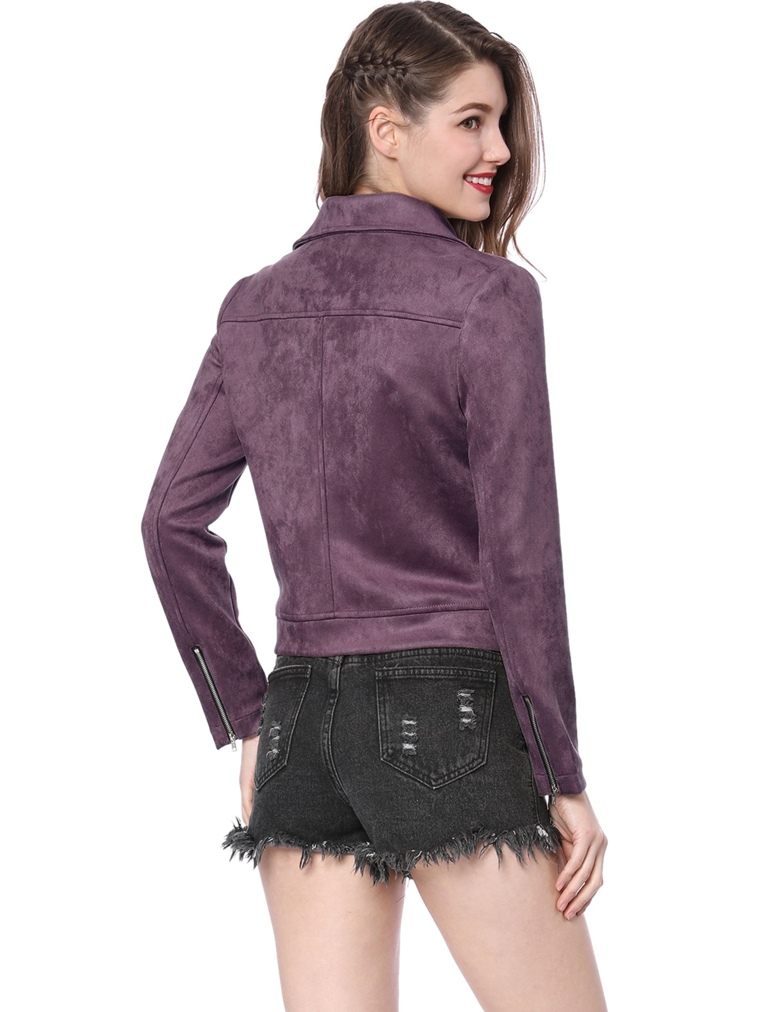 Casual Short Soft Zip Up Faux Suede Biker Moto Jacket