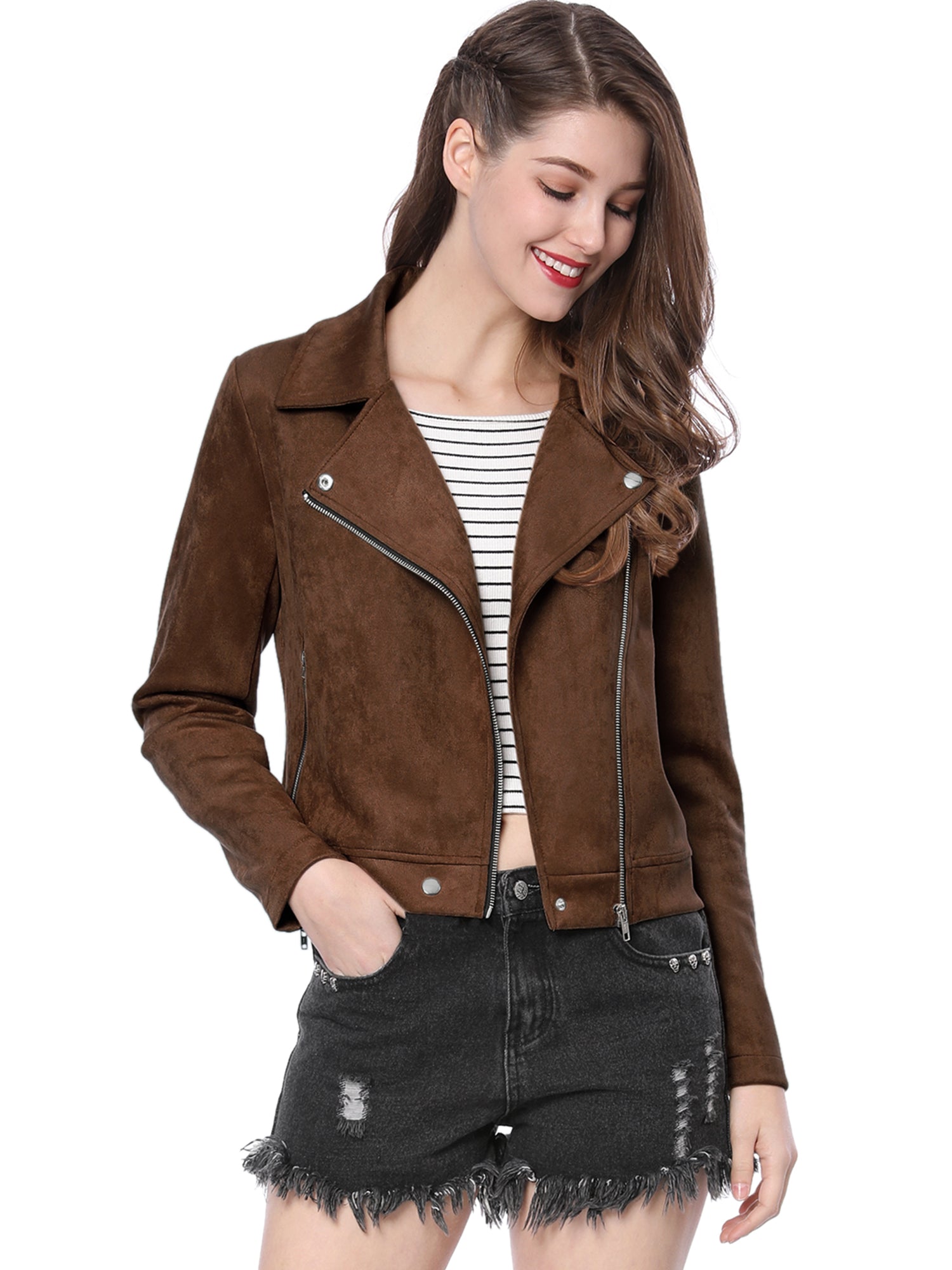 Casual Short Soft Zip Up Faux Suede Biker Moto Jacket