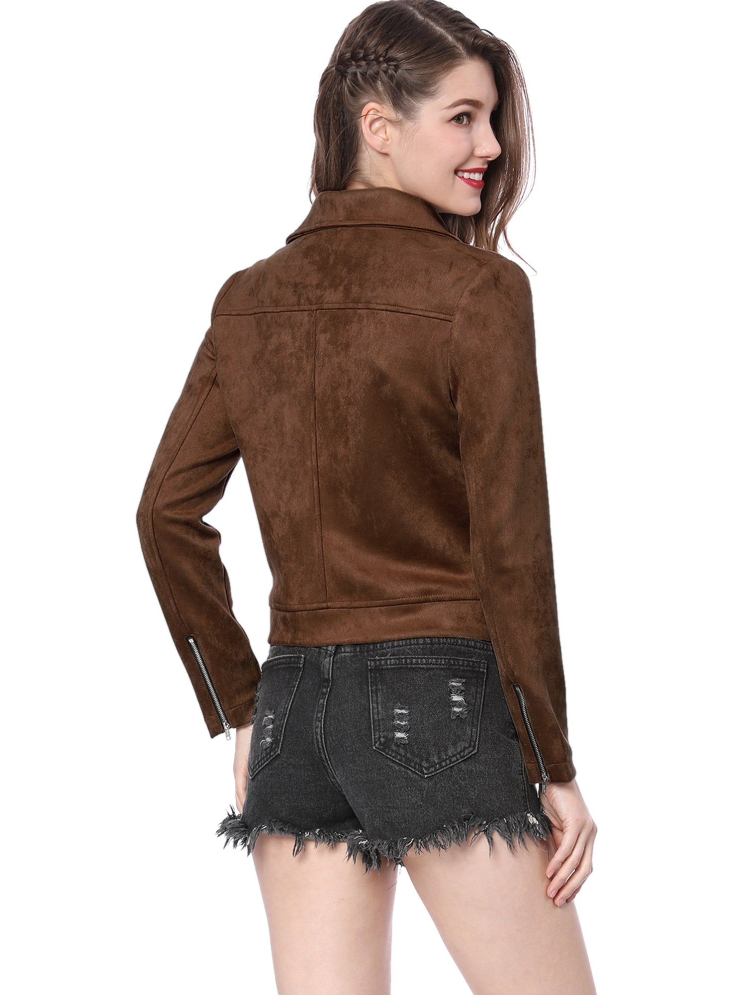 Casual Short Soft Zip Up Faux Suede Biker Moto Jacket