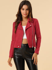 Casual Short Soft Zip Up Faux Suede Biker Moto Jacket