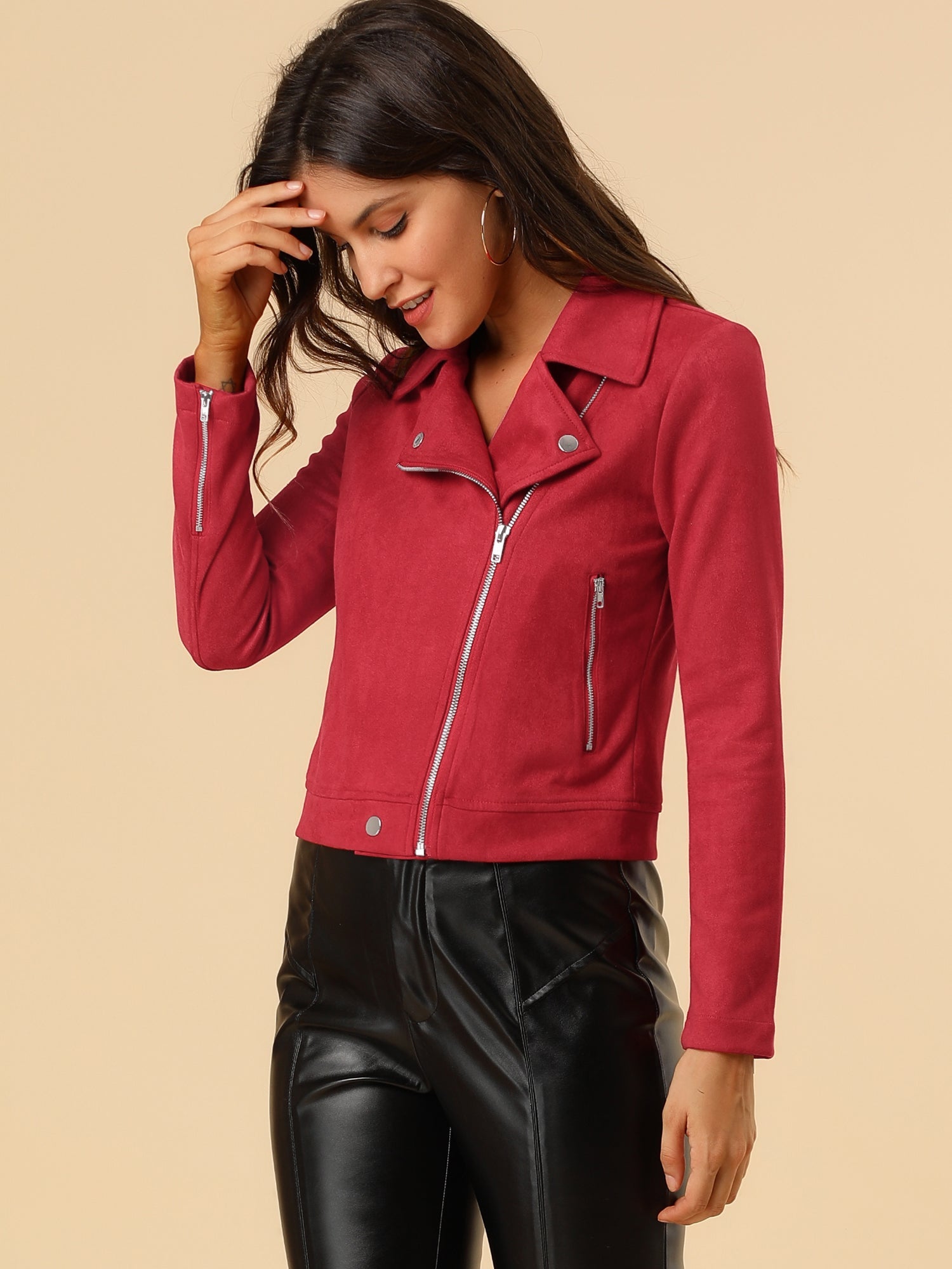 Casual Short Soft Zip Up Faux Suede Biker Moto Jacket