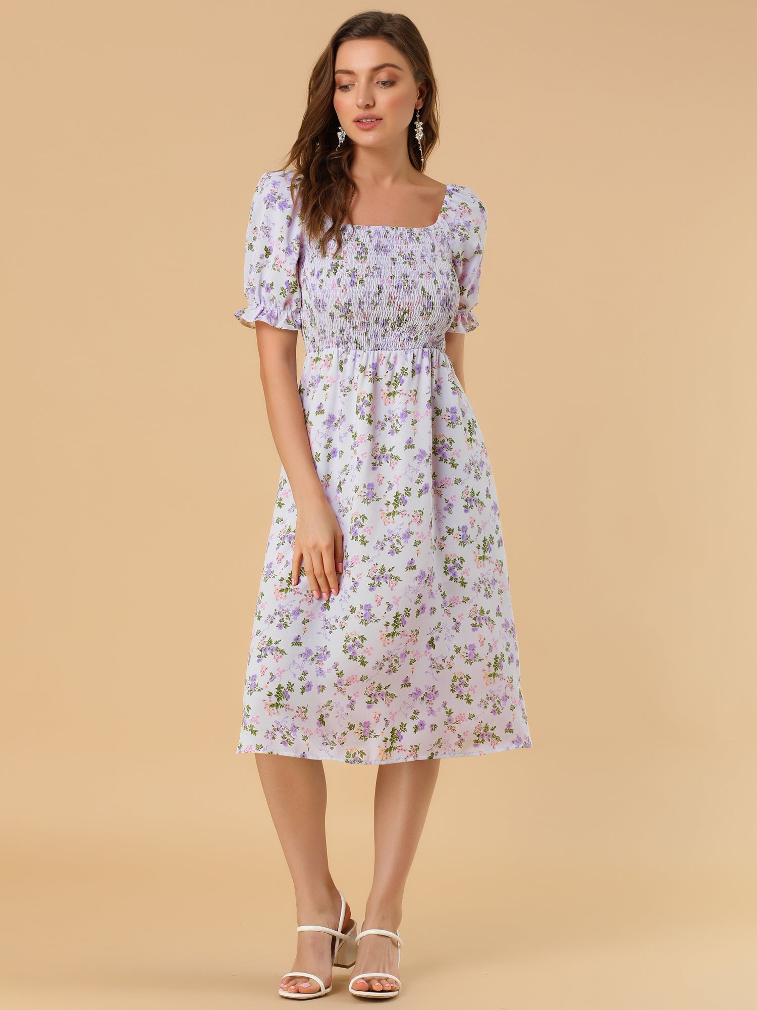 Square Neck Puff Sleeve Shirred Floral Casual Midi Dress