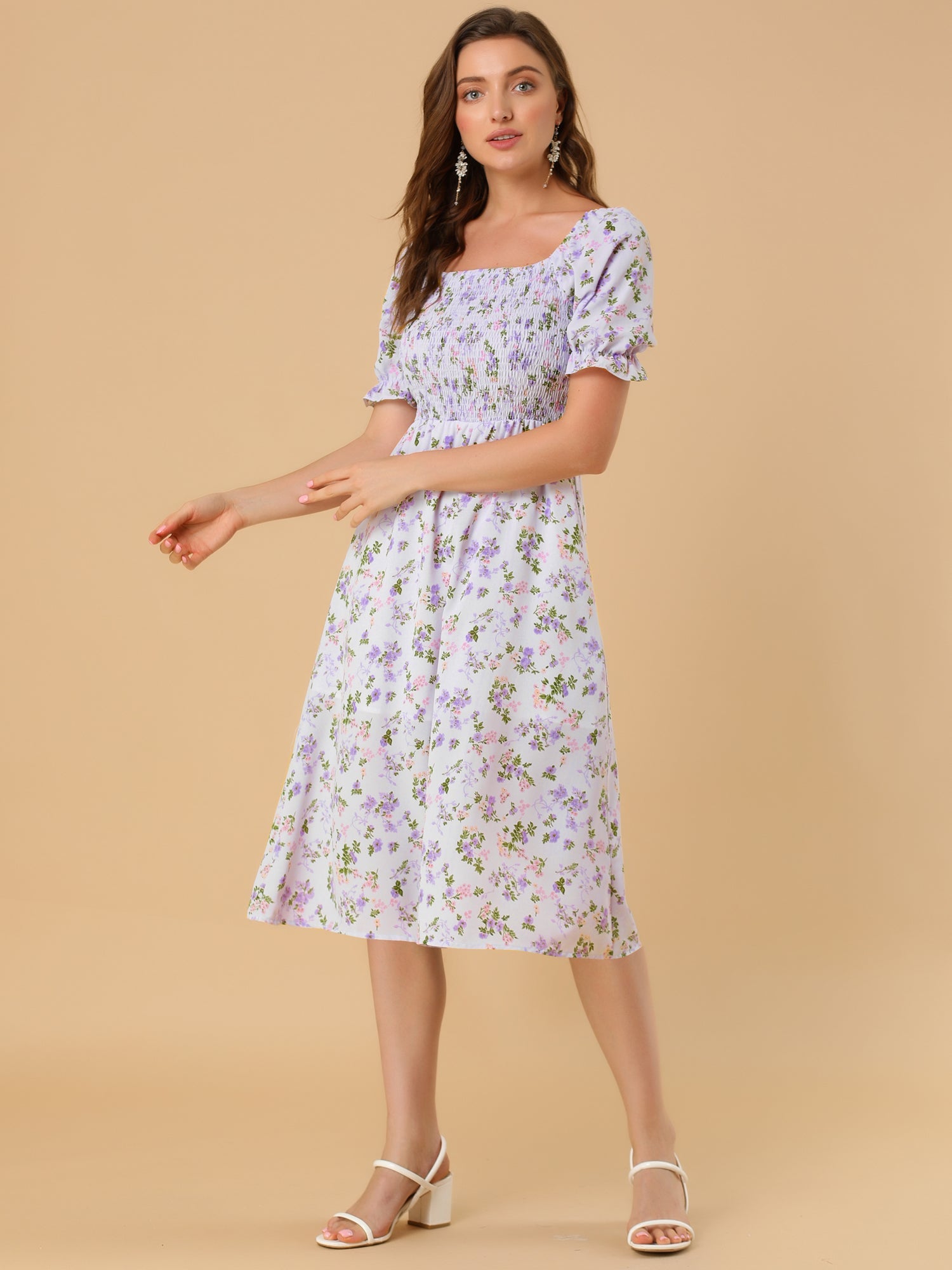 Square Neck Puff Sleeve Shirred Floral Casual Midi Dress