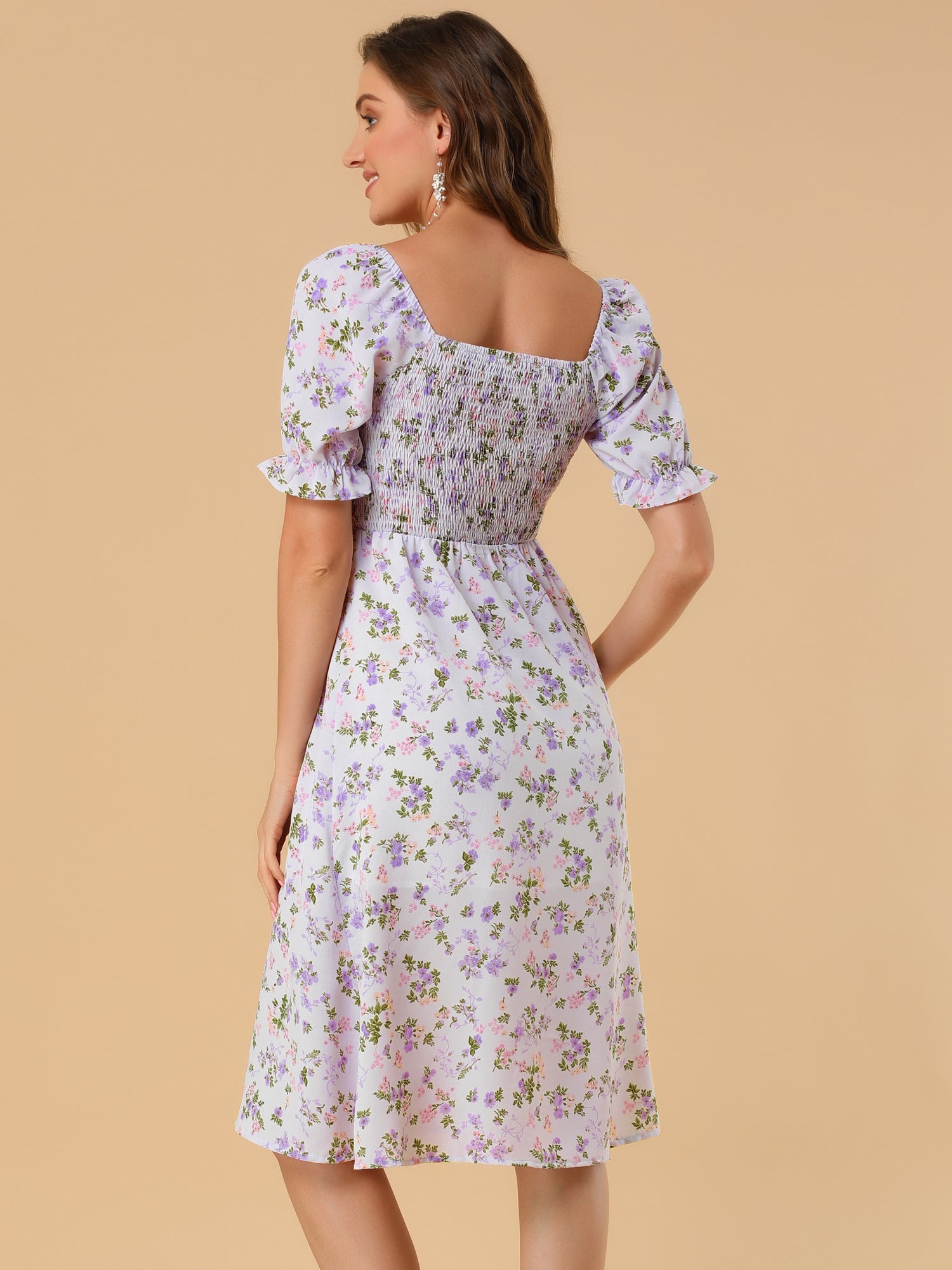 Square Neck Puff Sleeve Shirred Floral Casual Midi Dress