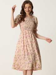 Square Neck Puff Sleeve Shirred Floral Casual Midi Dress