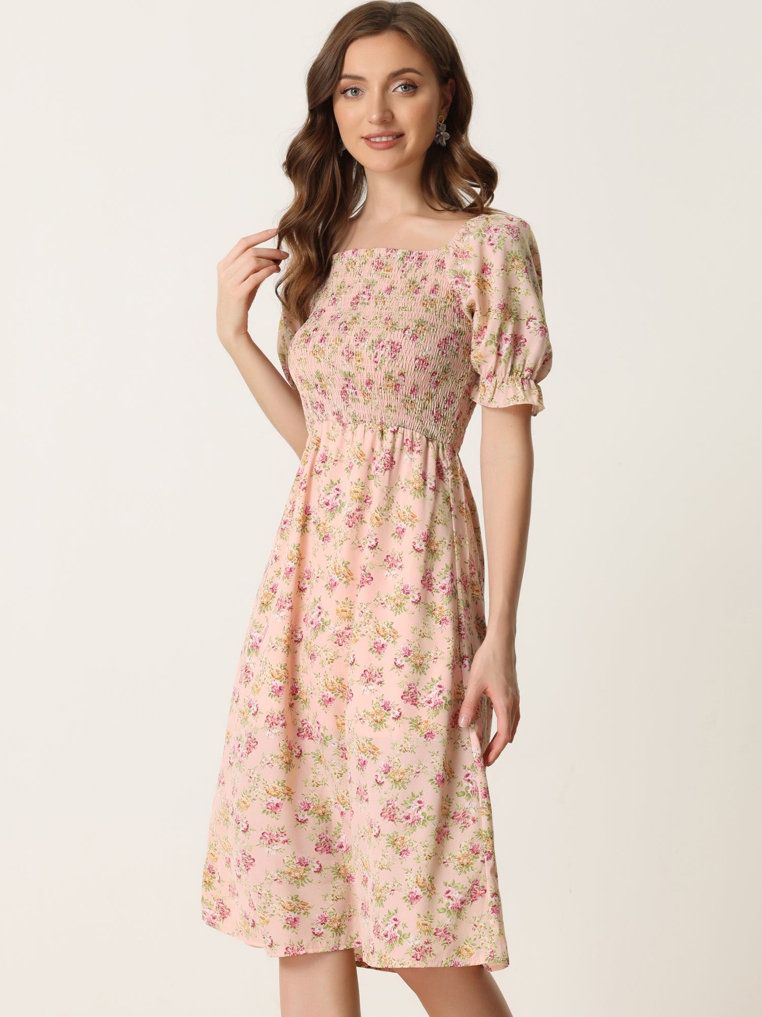 Square Neck Puff Sleeve Shirred Floral Casual Midi Dress