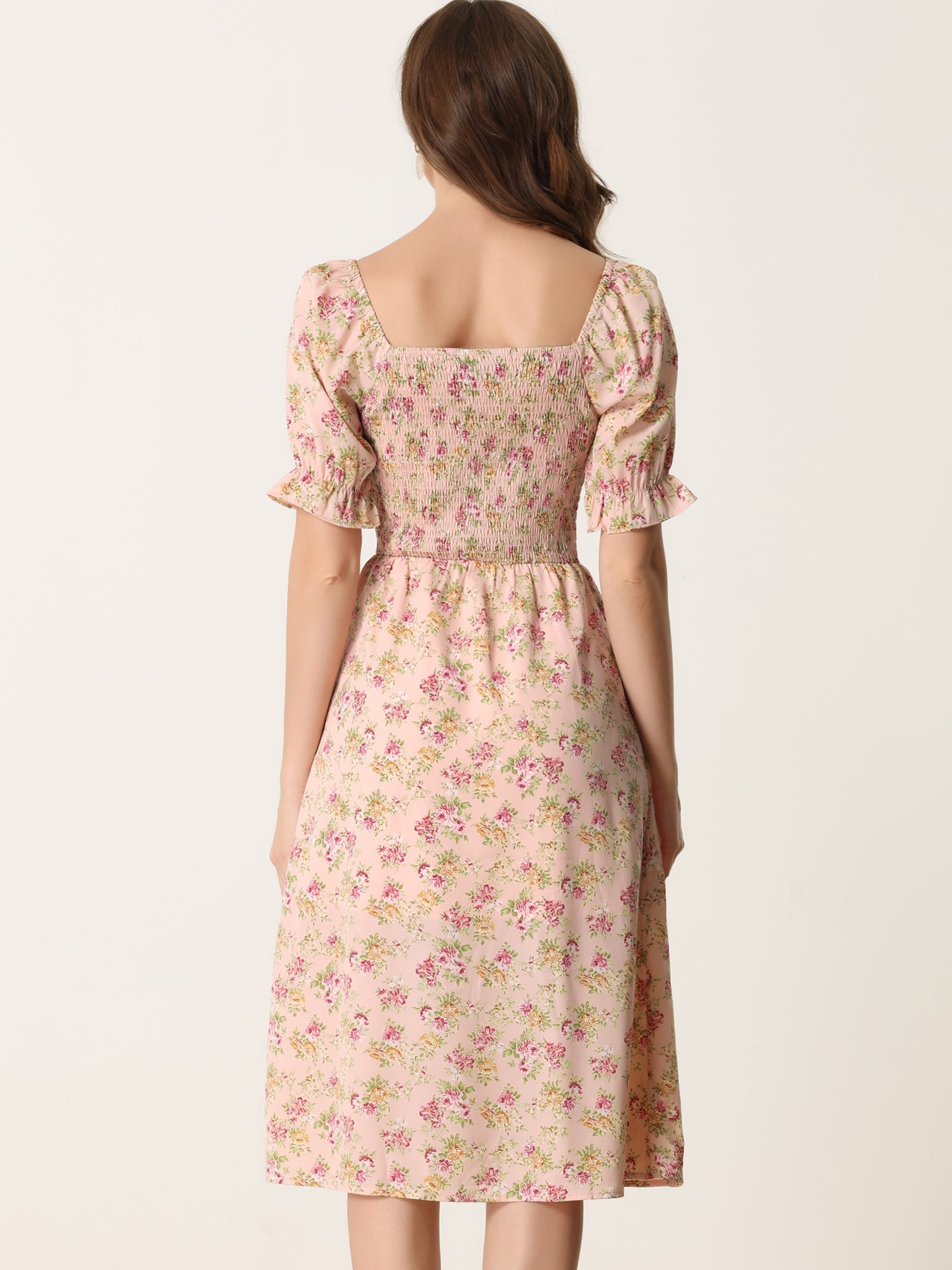 Square Neck Puff Sleeve Shirred Floral Casual Midi Dress