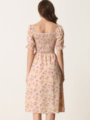 Square Neck Puff Sleeve Shirred Floral Casual Midi Dress