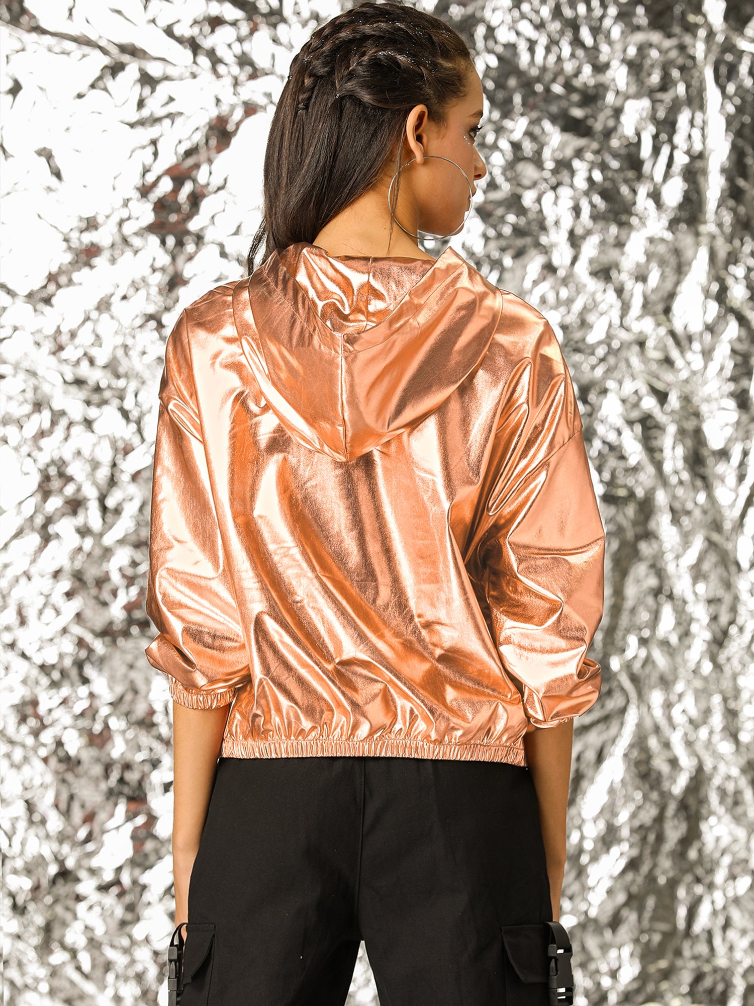 Holographic Party Shiny Lightweight Zipper Hooded Metallic Jacket