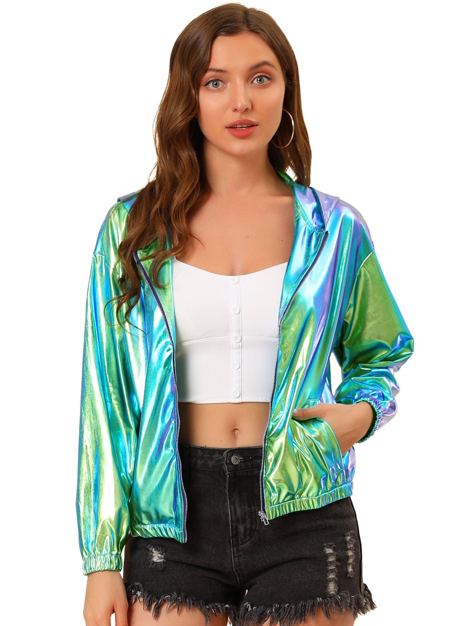 Holographic Party Shiny Lightweight Zipper Hooded Metallic Jacket