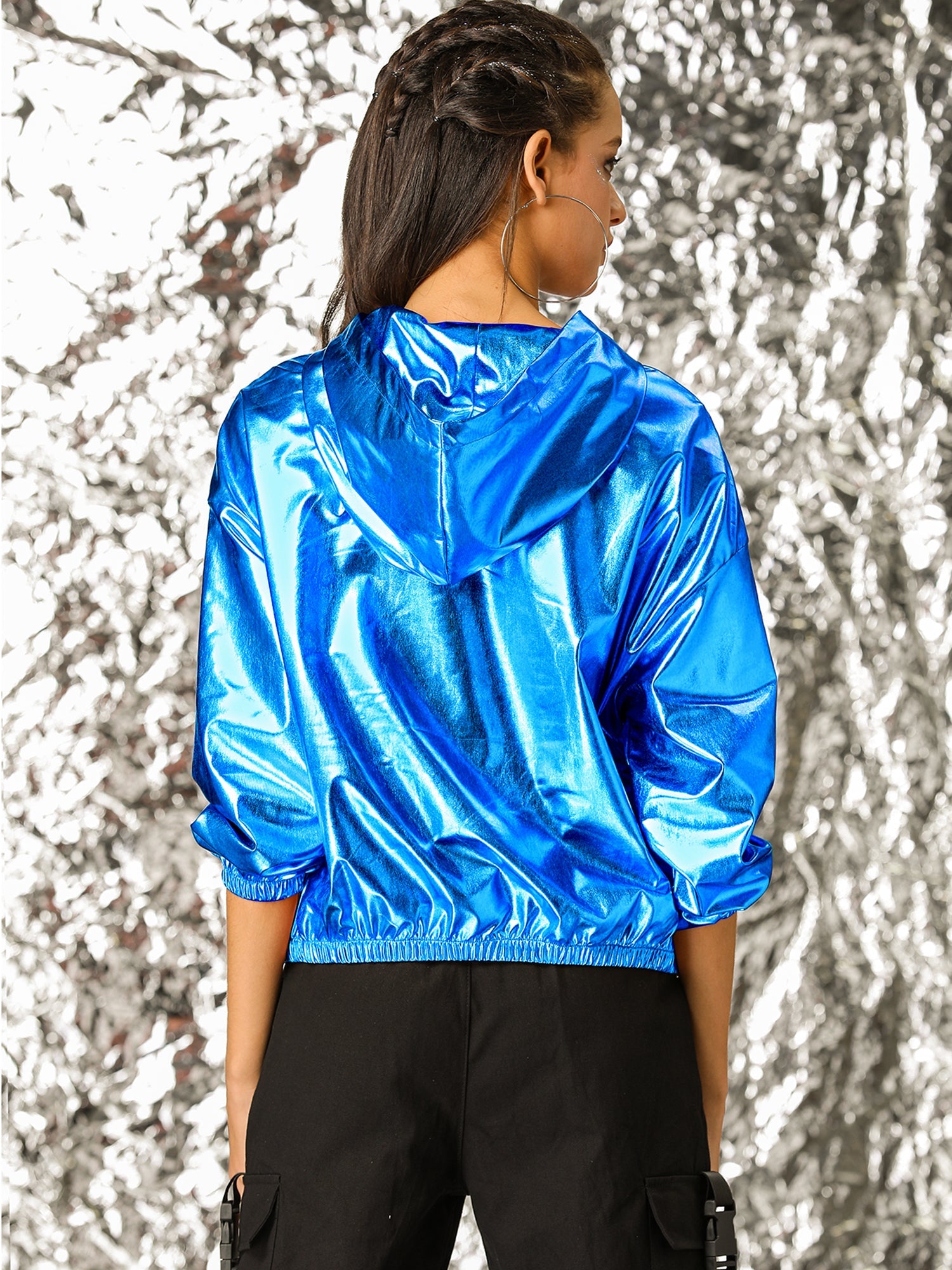 Holographic Party Shiny Lightweight Zipper Hooded Metallic Jacket