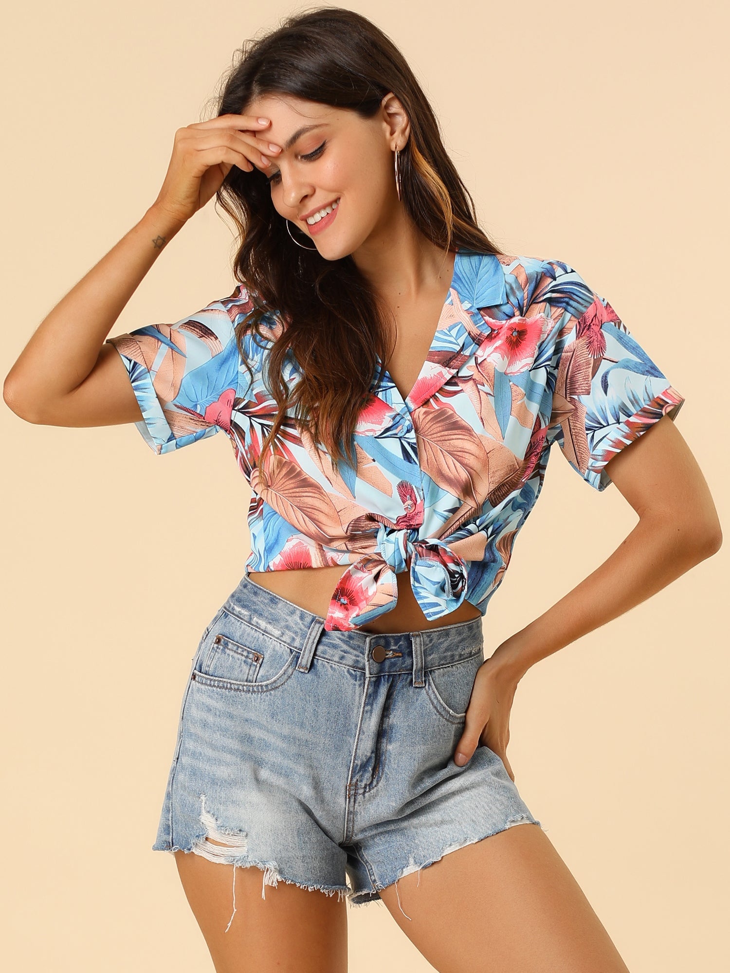 Hawaiian Tropical Leaves Floral Short Sleeve Button Down Shirt