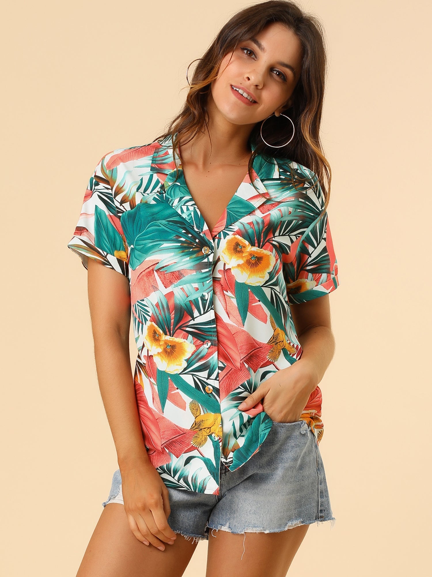 Hawaiian Tropical Leaves Floral Short Sleeve Button Down Shirt