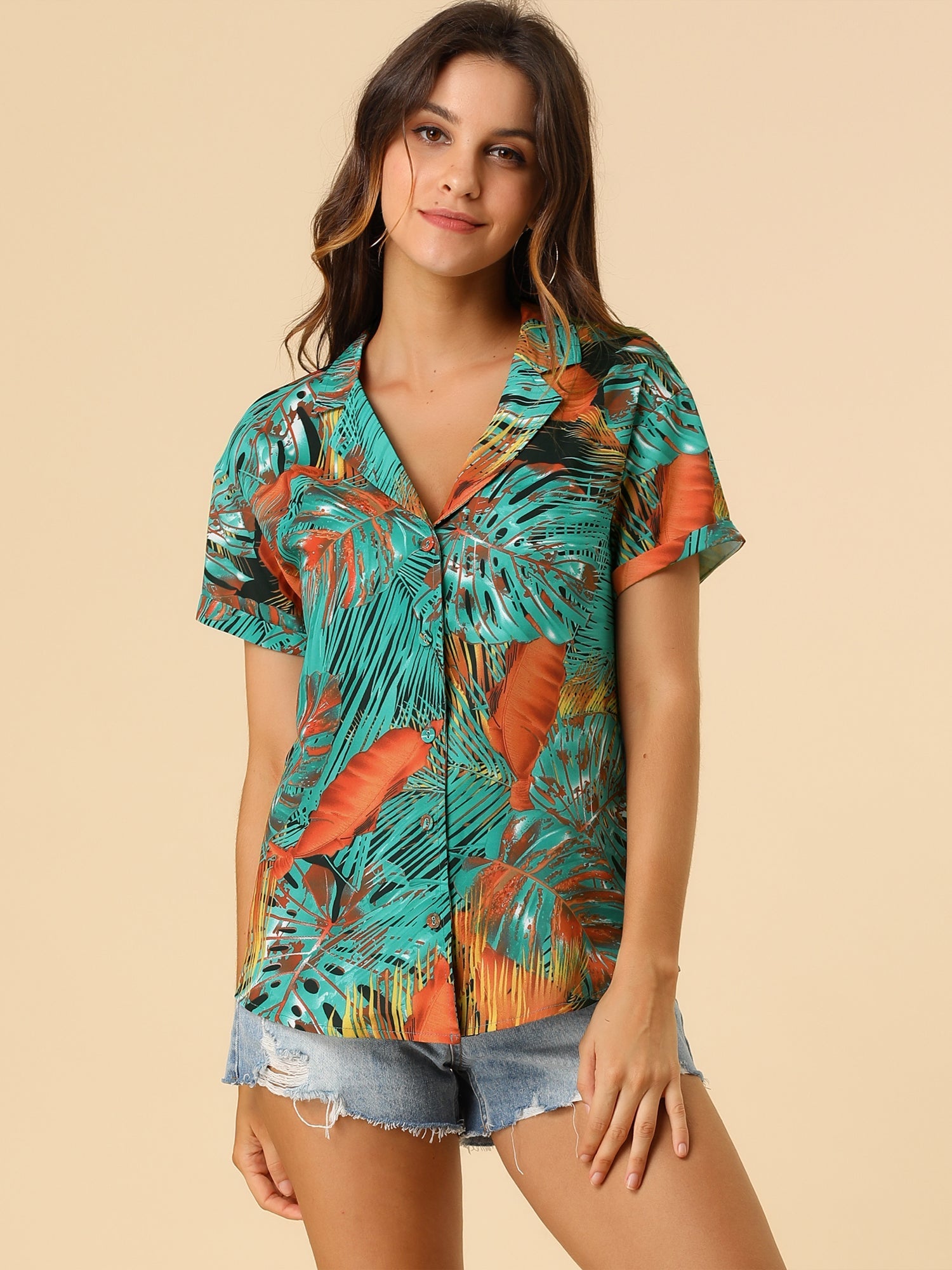 Hawaiian Tropical Leaves Floral Short Sleeve Button Down Shirt