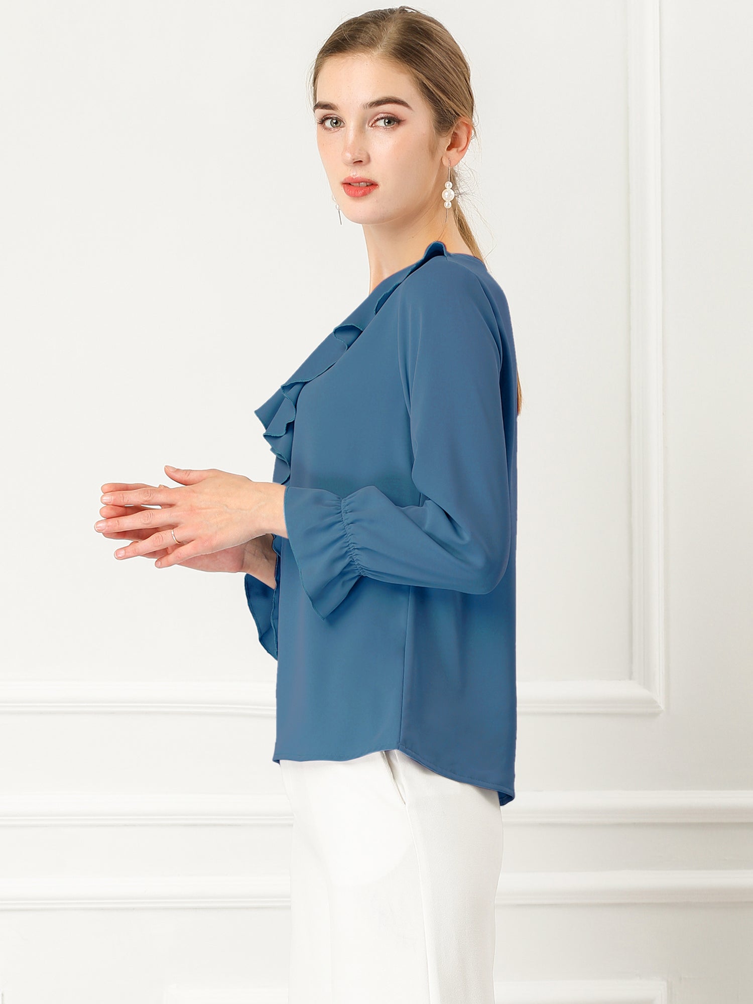 Ruffle Neck Gathered Cuff Long Sleeves Blouse